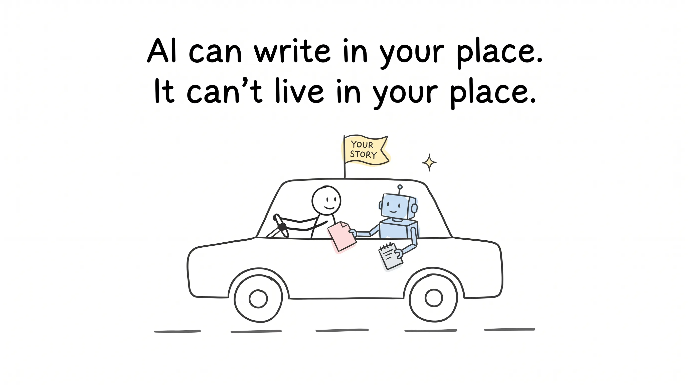A human stick figure holding the steering wheel while a robot intern hands over notes, with a flag on the car reading Your Story