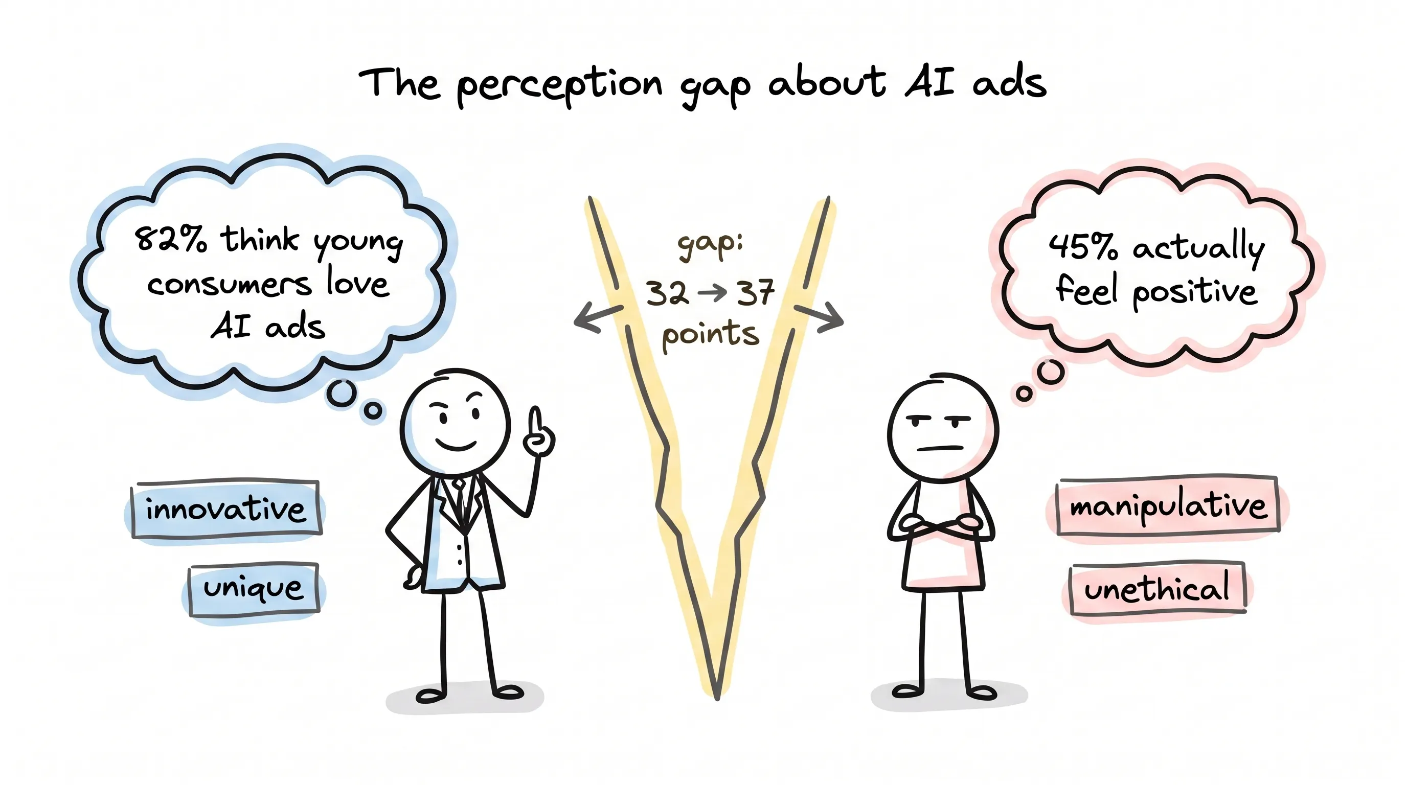 Hand-drawn comparison doodle titled the perception gap about AI ads: an advertiser figure thinks 82% think young consumers love AI ads with tags innovative and unique, a young consumer thinks only 45% actually feel positive with tags manipulative and unethical, and a widening crack between them reads gap 32 to 37 points