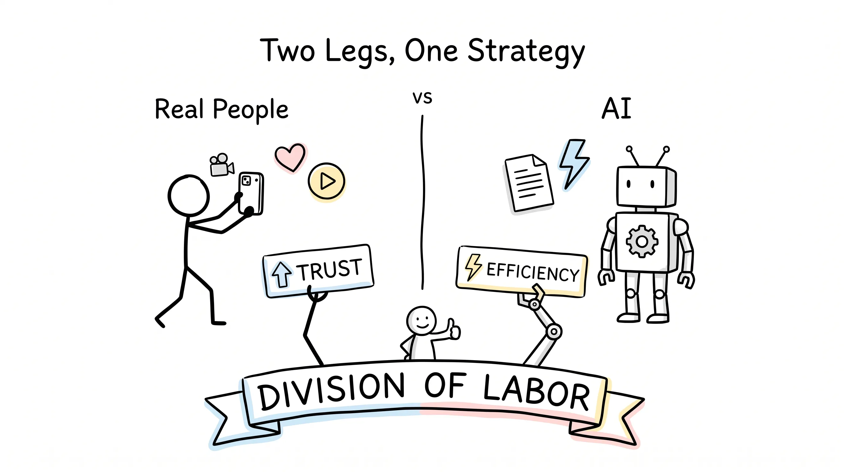 A hand-drawn split view titled Two Legs, One Strategy: a stick figure filming with a phone beside a Trust tag versus a boxy robot beside an Efficiency tag, joined by a bottom banner reading Division of Labor