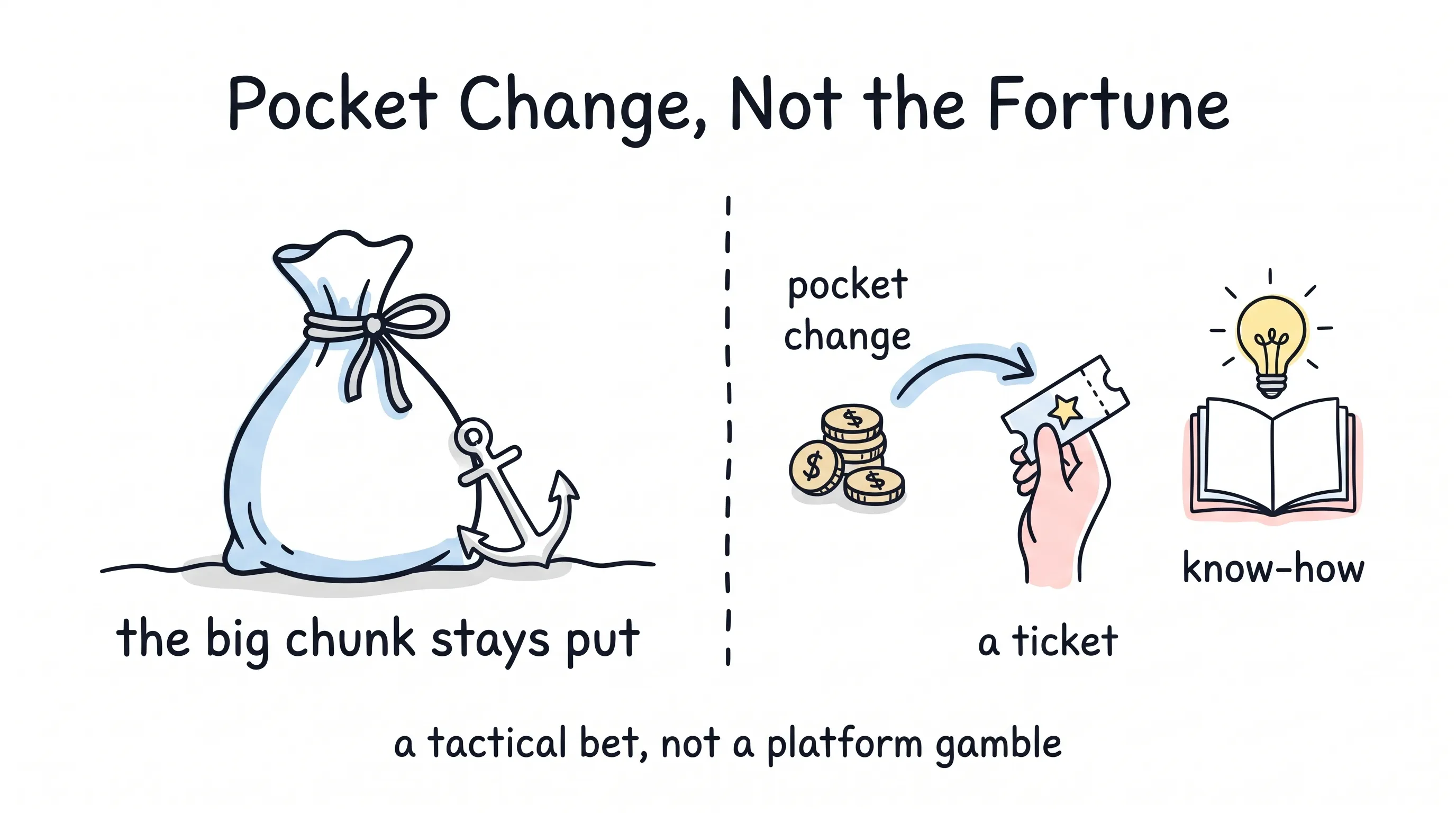 A big tied money bag marked the big chunk stays put on the left, and a few coins marked pocket change buying a ticket and banking know-how on the right — a tactical bet, not a platform gamble