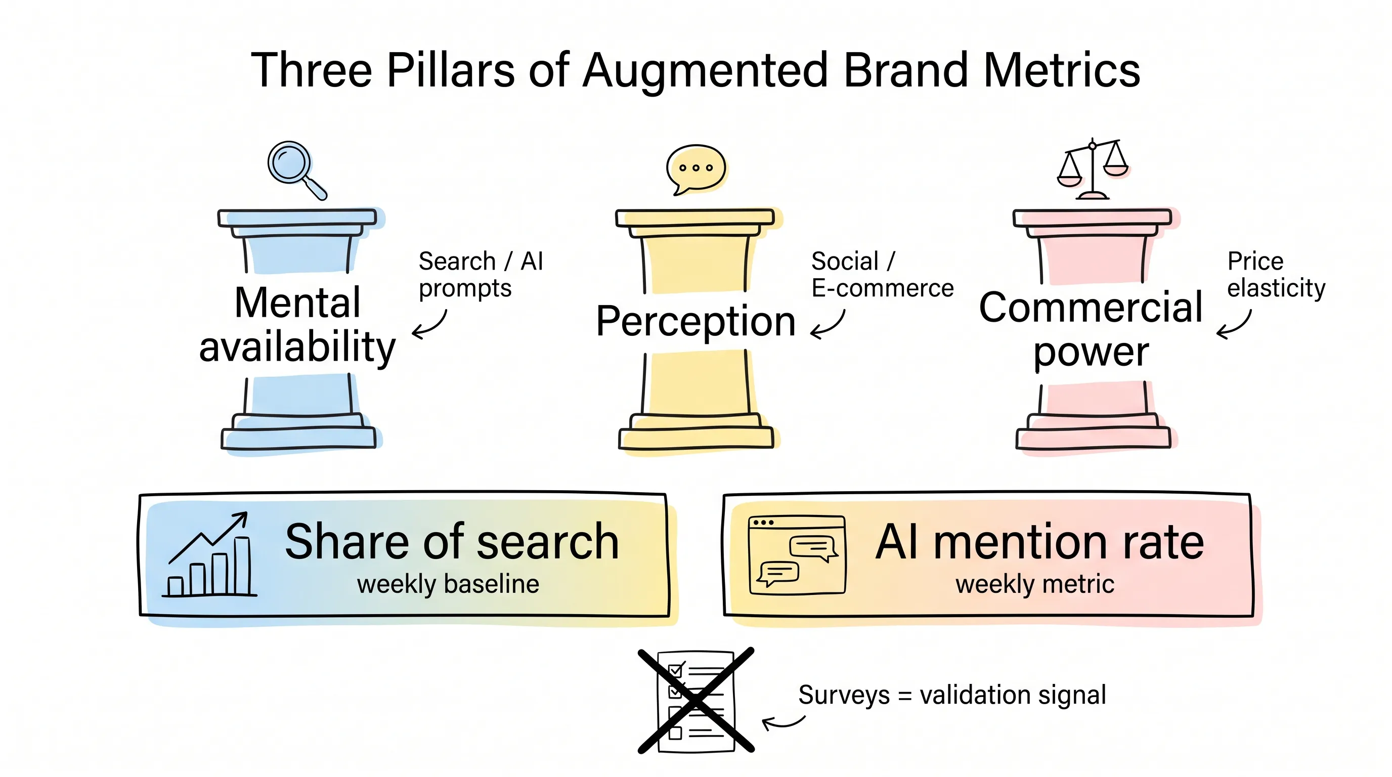 Three pillars of augmented brand metrics and two weekly baselines
