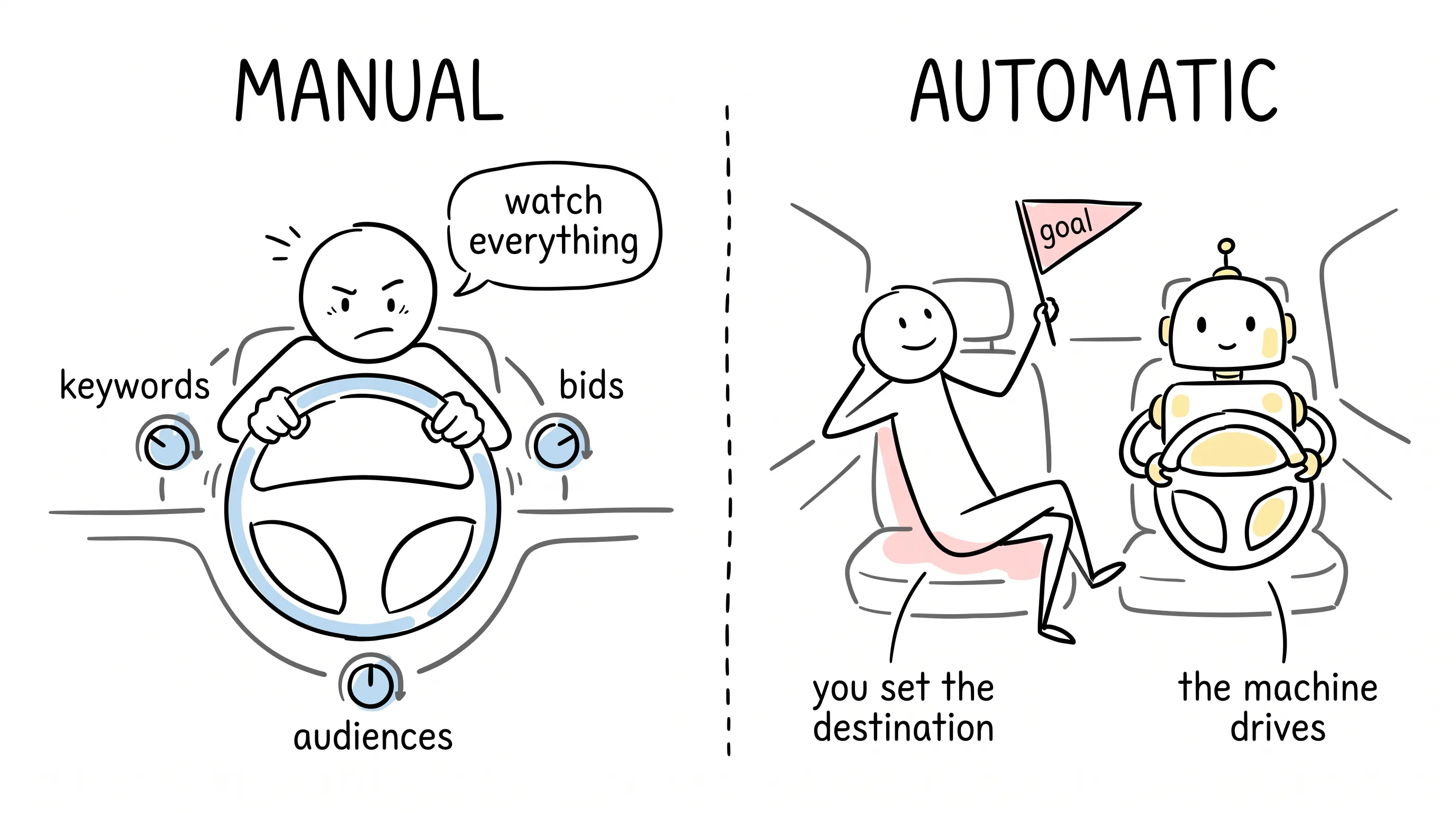 Manual: a tense driver grips the steering wheel watching keywords, bids, and audiences — Automatic: a relaxed passenger sets the destination while the machine drives
