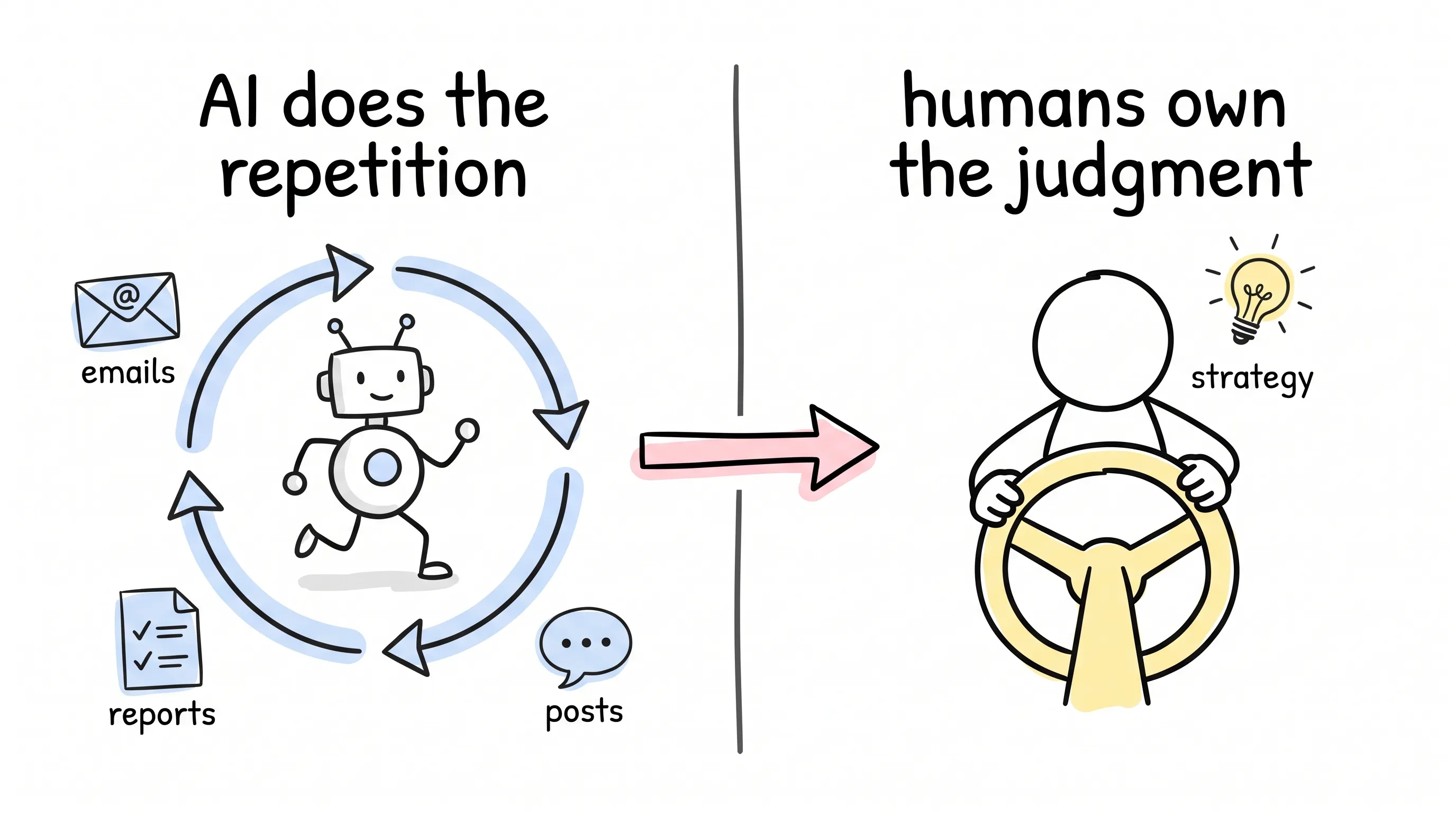 Hand-drawn framework doodle: a robot loops through repetitive work — emails, reports, posts — while a human holds the steering wheel of judgment and strategy