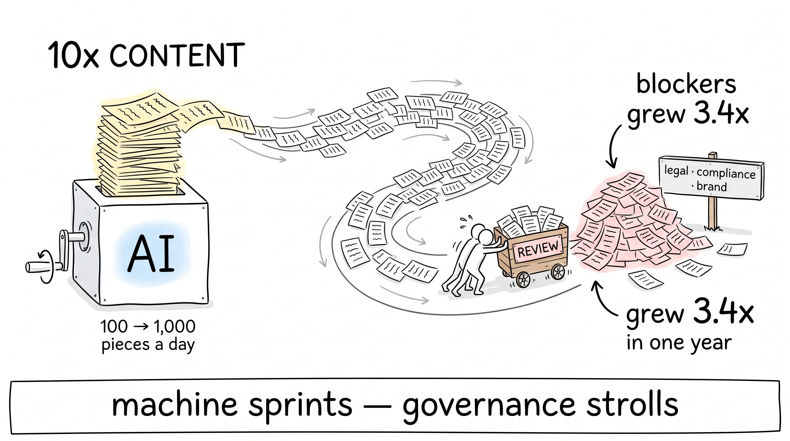 AI churns out 10x content — 100 to 1,000 pieces a day — while the review cart of legal, compliance and brand crawls behind; blockers grew 3.4x in one year