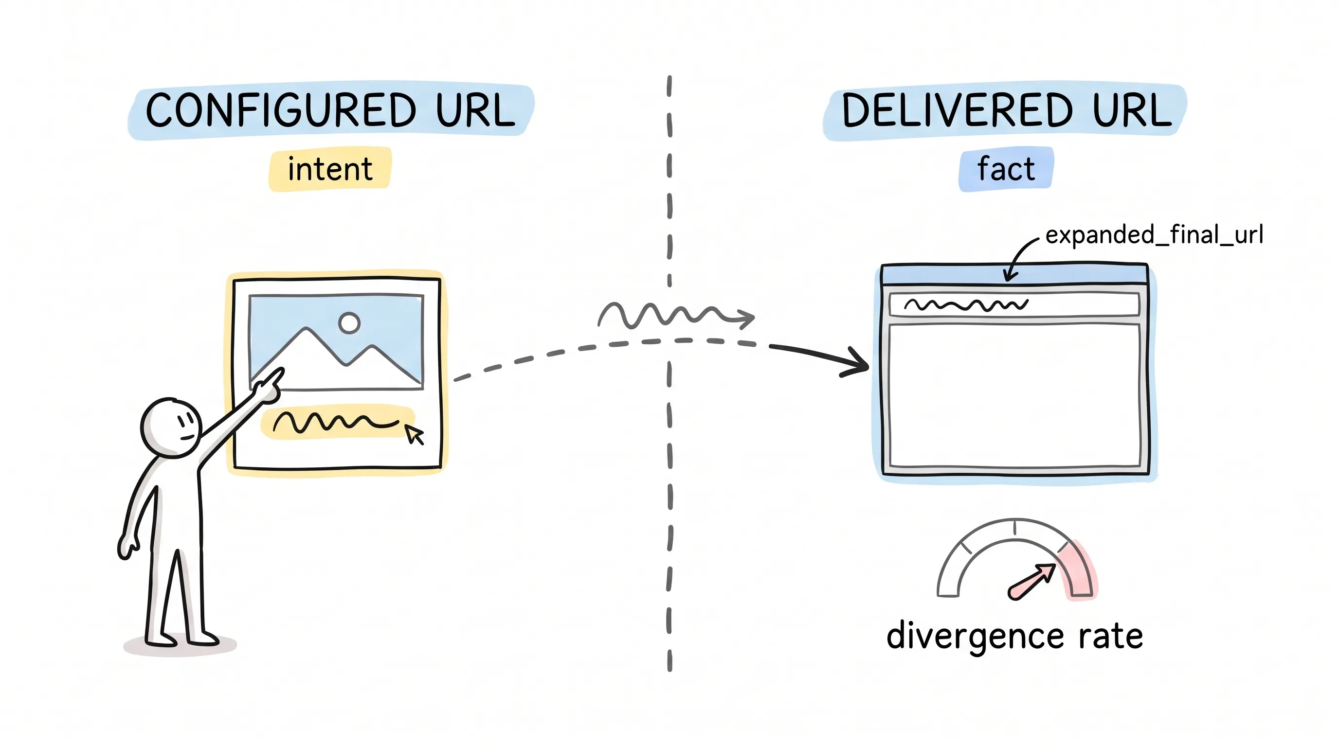 The configured URL is only intent; the delivered URL captured by expanded_final_url is fact — watch the divergence rate between the two