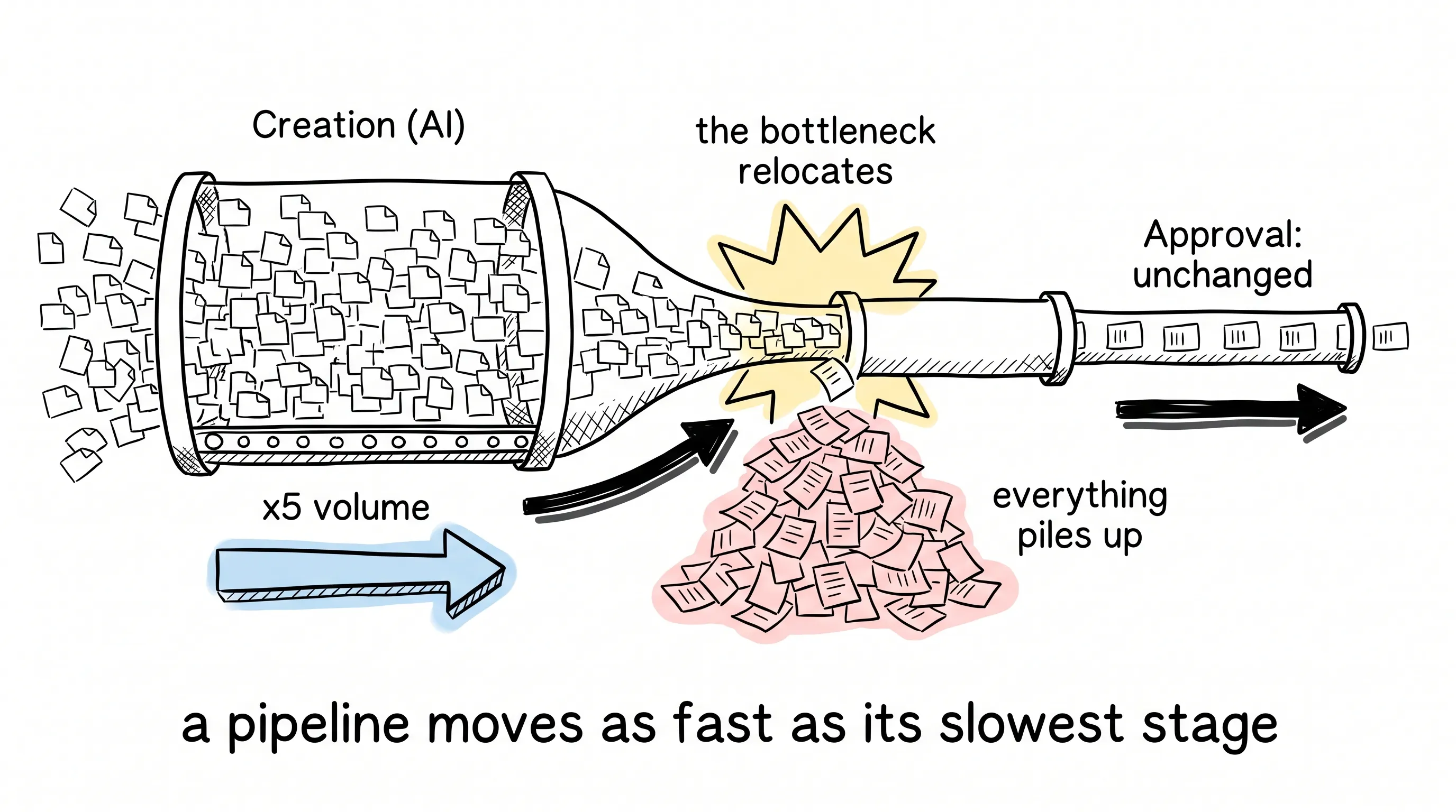 x5 volume of AI creation squeezes into an unchanged narrow approval stage while everything piles up — the bottleneck relocates