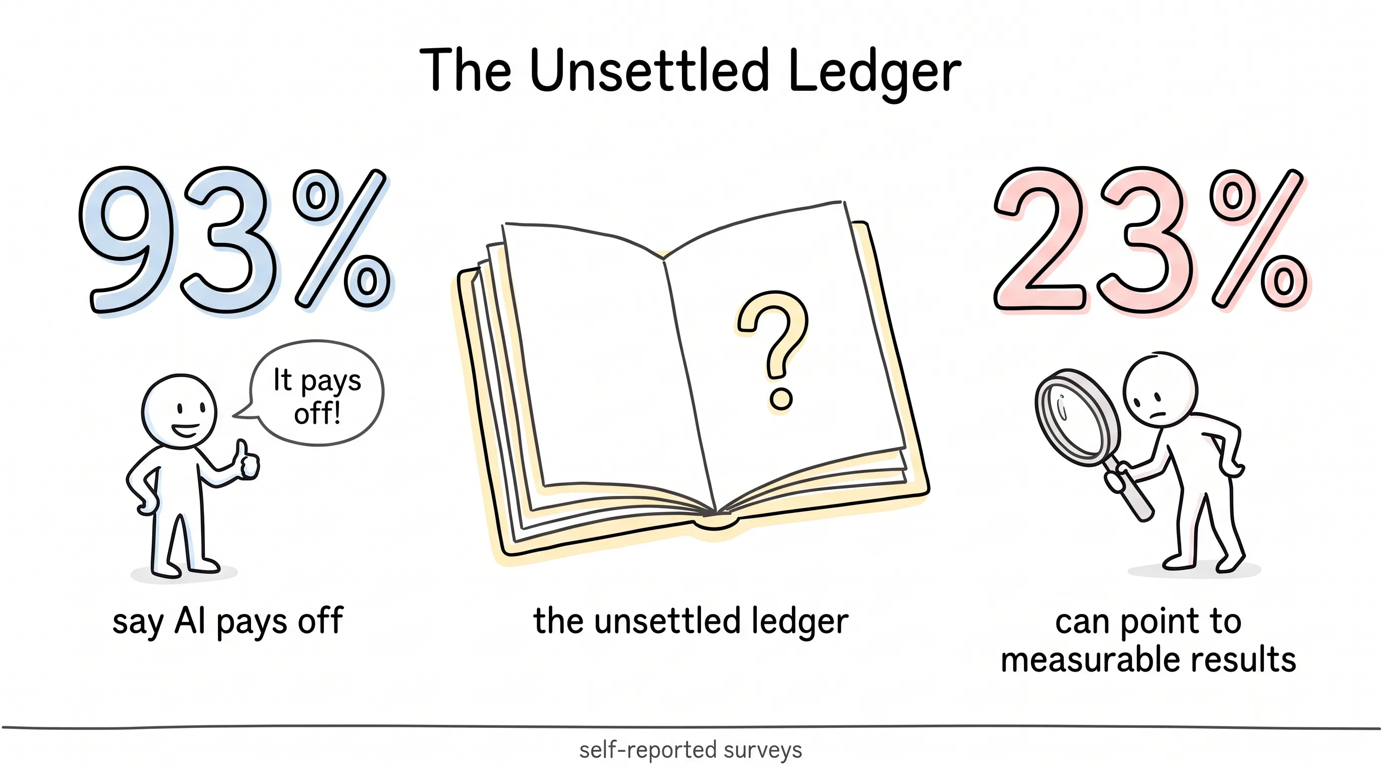 93% say AI pays off versus 23% who can point to measurable results — the unsettled ledger