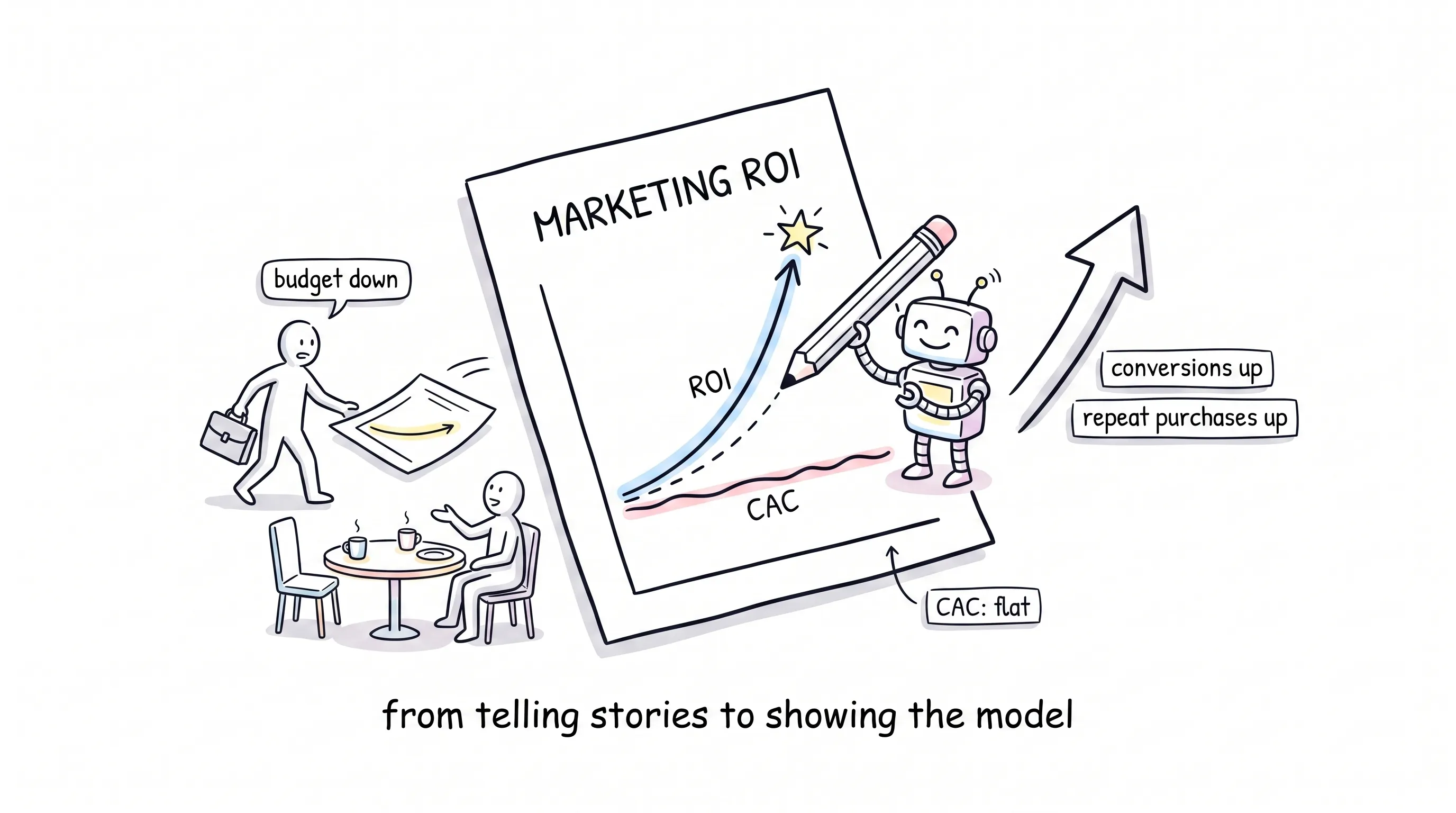 A hand-drawn MARKETING ROI report page: a friendly AI robot redraws the ROI curve upward with a giant pencil while the CAC line stays flat, as a stick-figure marketer slides the page across a dinner table