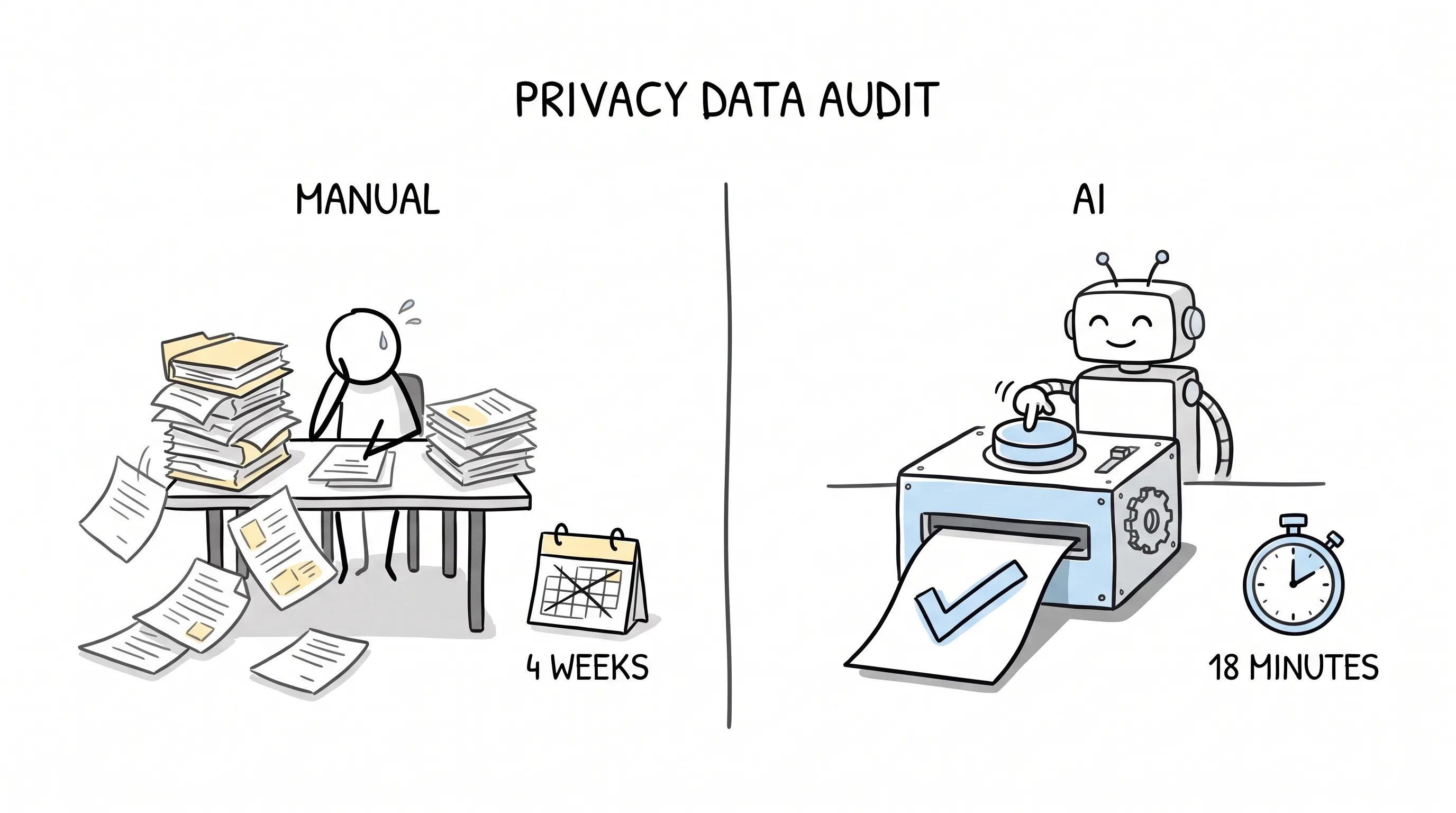 Privacy data audit: a manual review of paper folders takes 4 weeks, while an AI scan delivers a checked report in 18 minutes