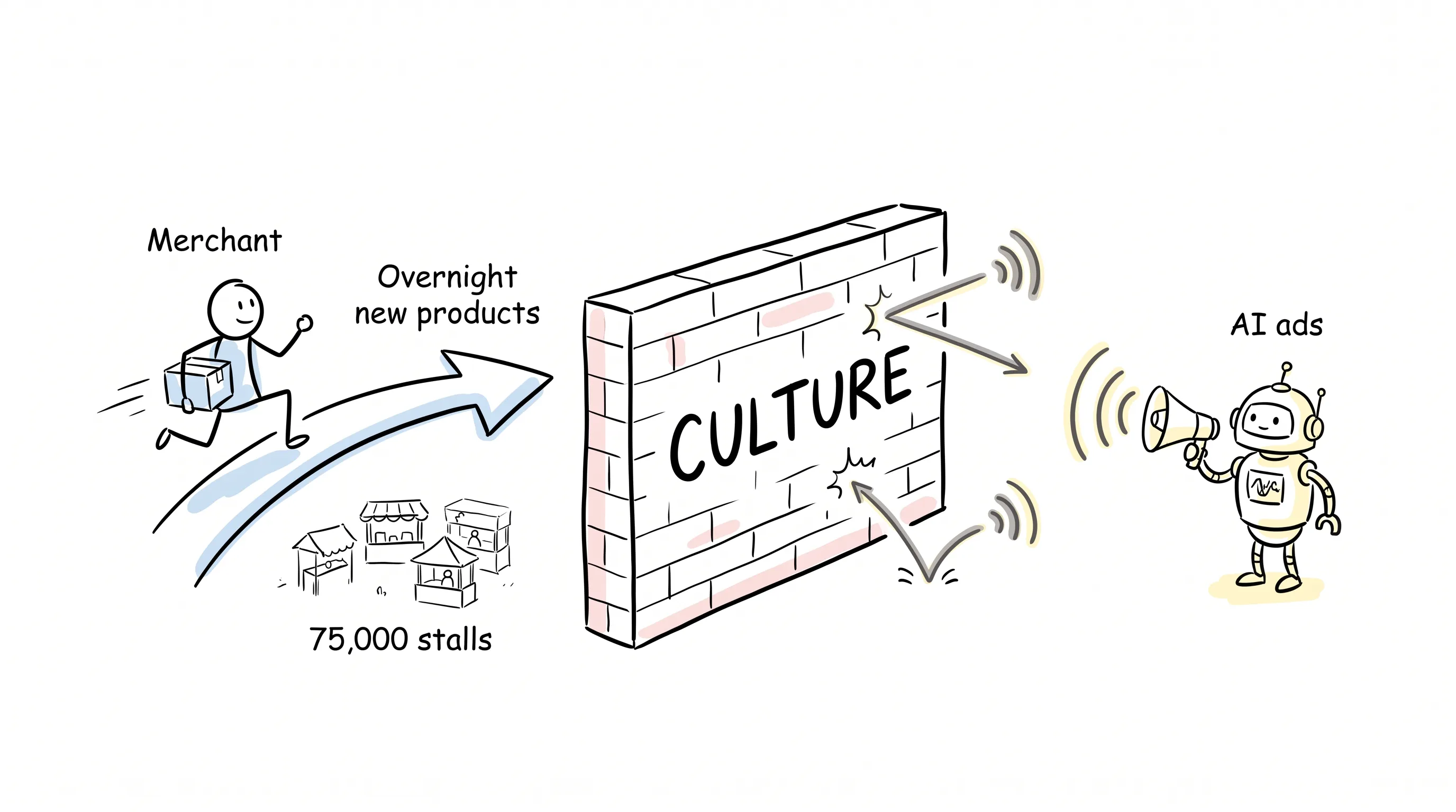 A stick-figure merchant rushing overnight new products to market hits a hand-drawn wall labeled CULTURE, while an AI ads robot broadcasts from the other side
