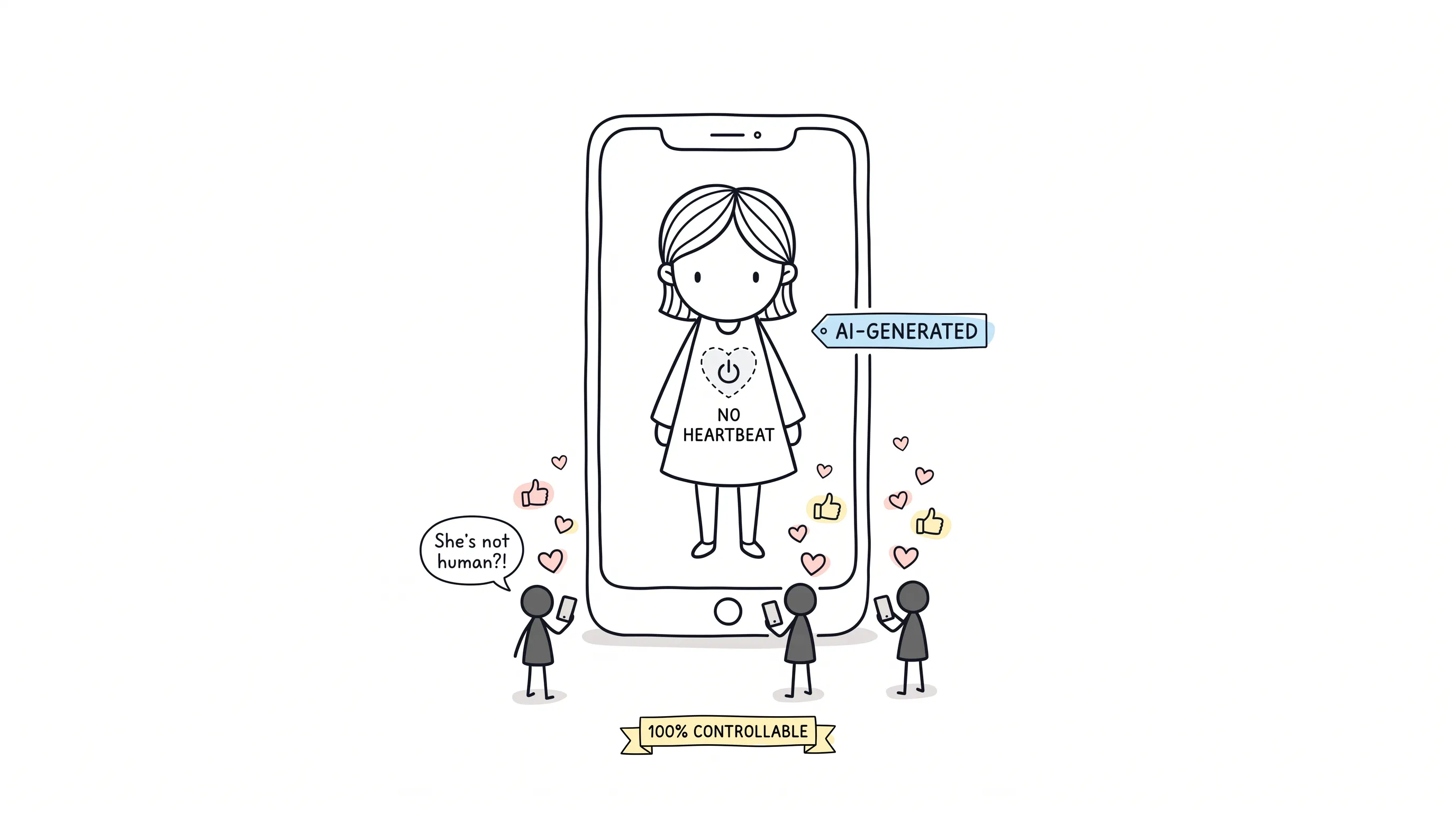 A hand-drawn virtual influencer standing inside a phone frame, with a dashed heart and power symbol where her heart should be, while stick-figure followers send likes
