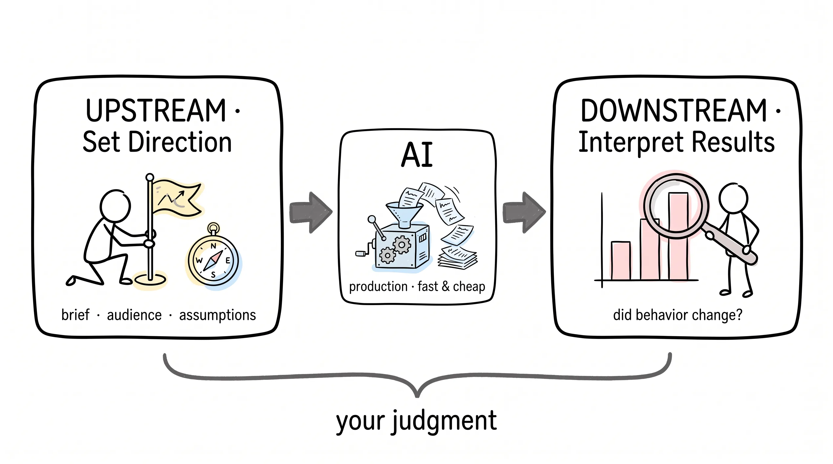 Value at Both Ends — upstream sets direction, downstream interprets results, AI only handles fast production in the middle