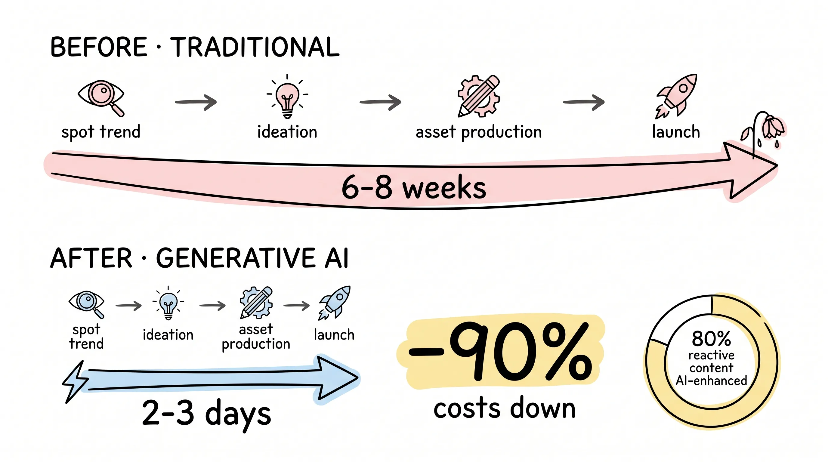 Generative AI compresses the campaign cycle from 6–8 weeks to 2–3 days, cuts costs by 90%, and powers 80% of reactive content
