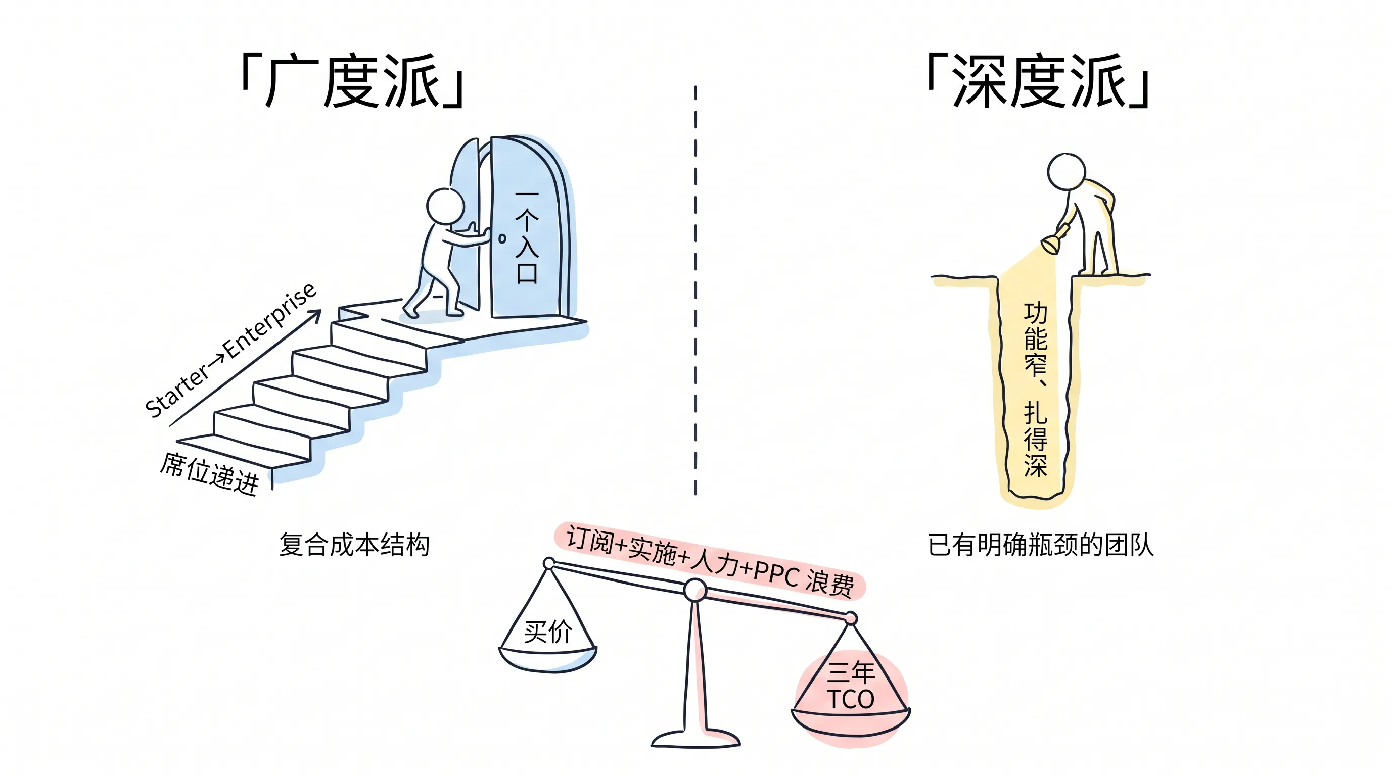营销自动化选型两派对比手绘:广度派席位递进对 深度派窄而深,底部三年 TCO 天平