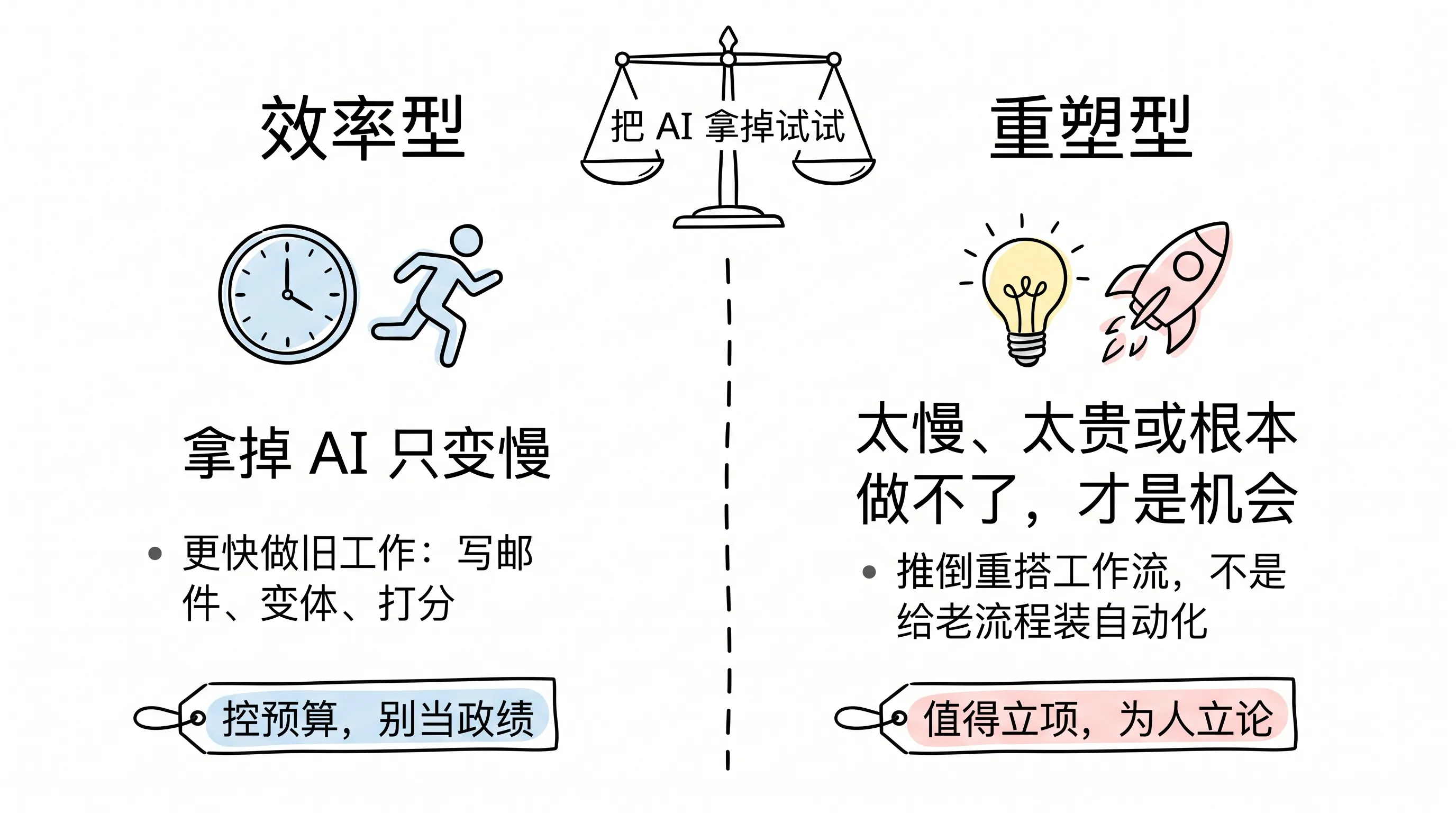 拿掉 AI 测试:效率型与重塑型对比