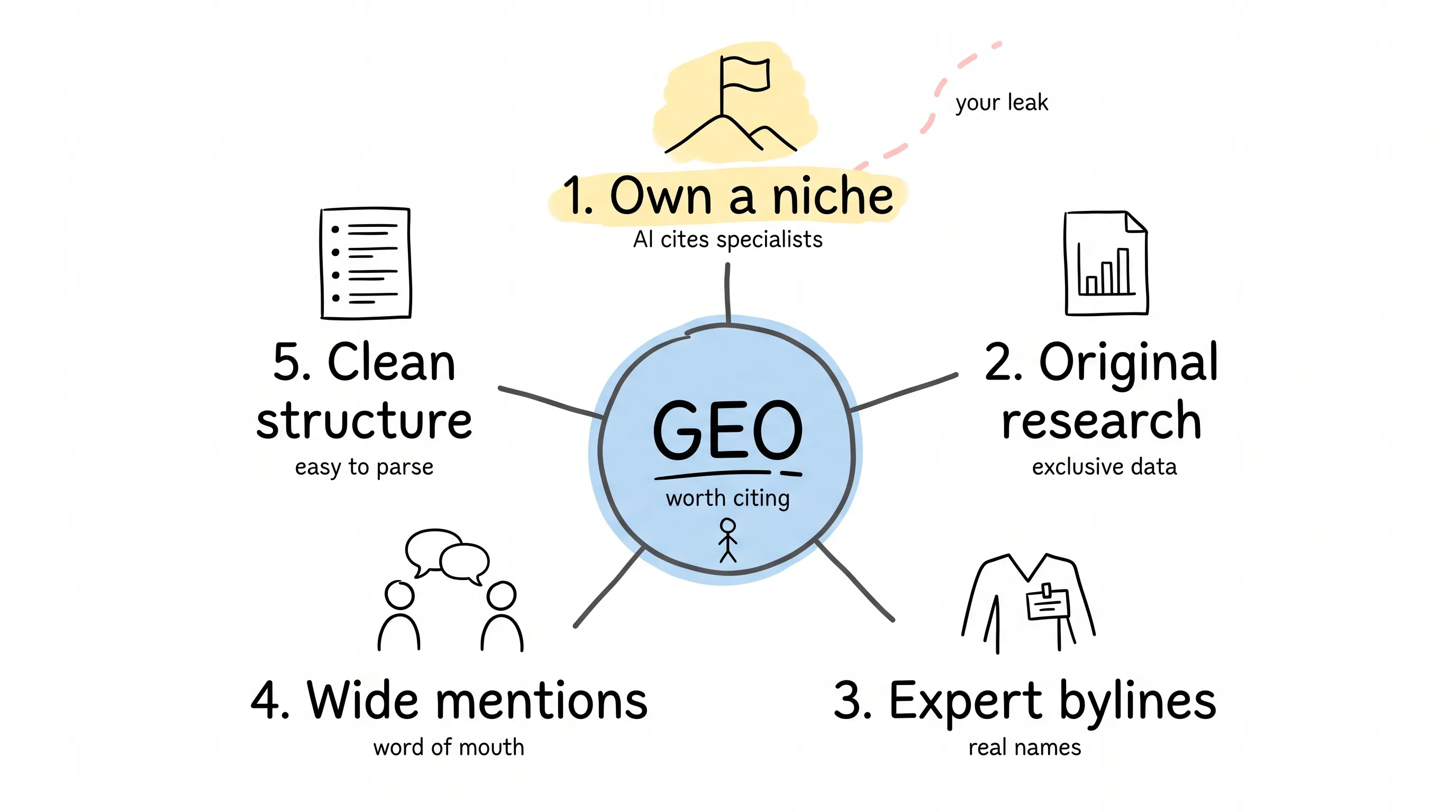 Five rules to be worth citing: GEO framework