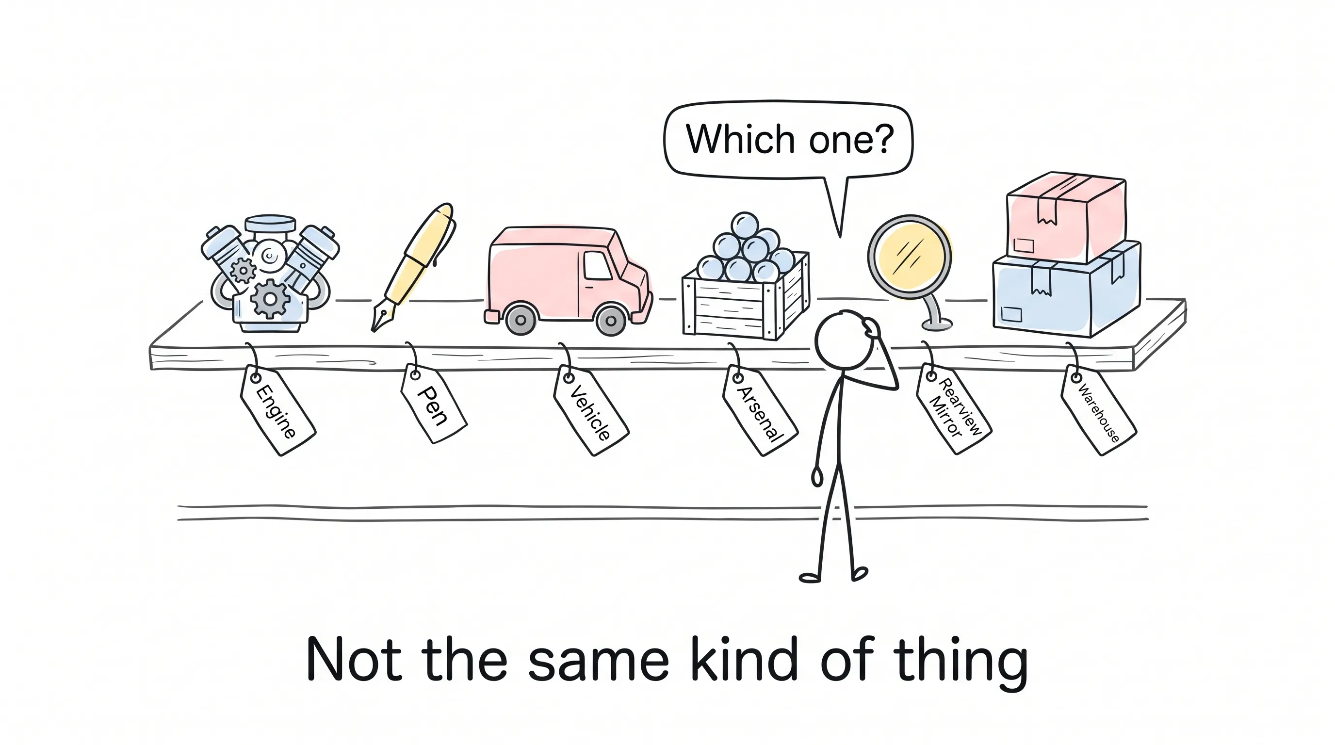 A hand-drawn shelf holds six different labeled doodle items — engine, pen, vehicle, arsenal, rearview mirror, two warehouses — as a confused stick-figure shopper asks which one to buy