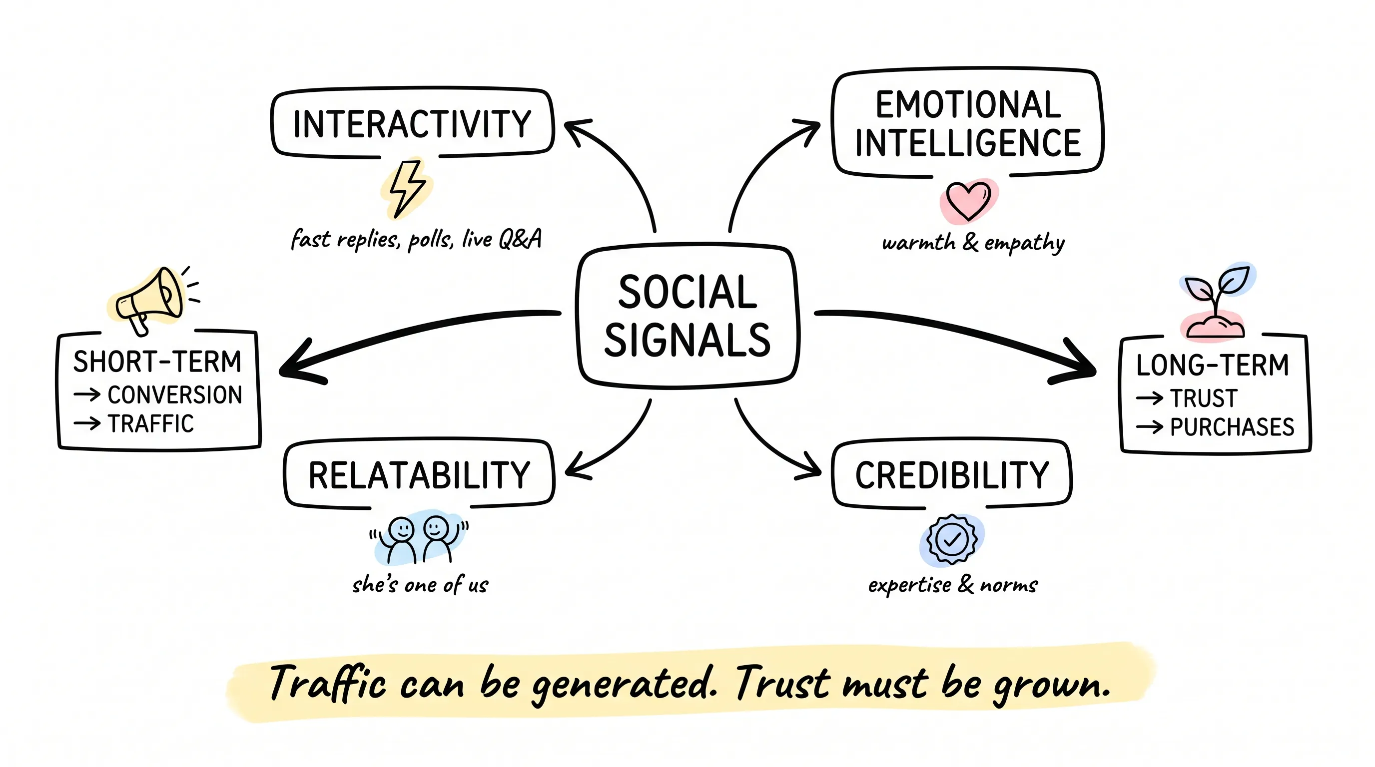 A hand-drawn framework diagram of social signals: interactivity, relatability, emotional intelligence and credibility feeding short-term traffic versus long-term trust