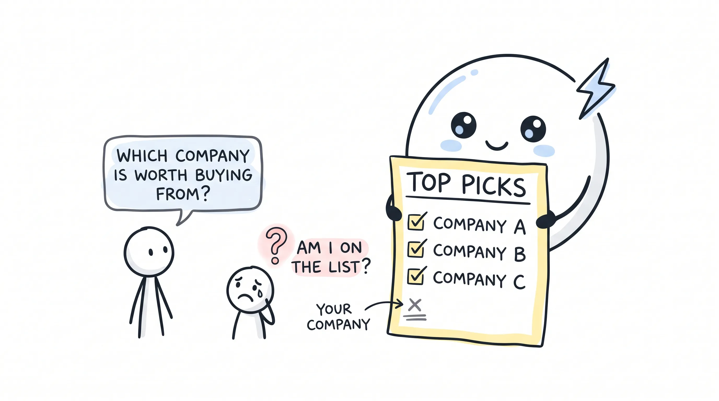 AI answers "which company is worth buying from?" with a TOP PICKS list — and your company is not on it