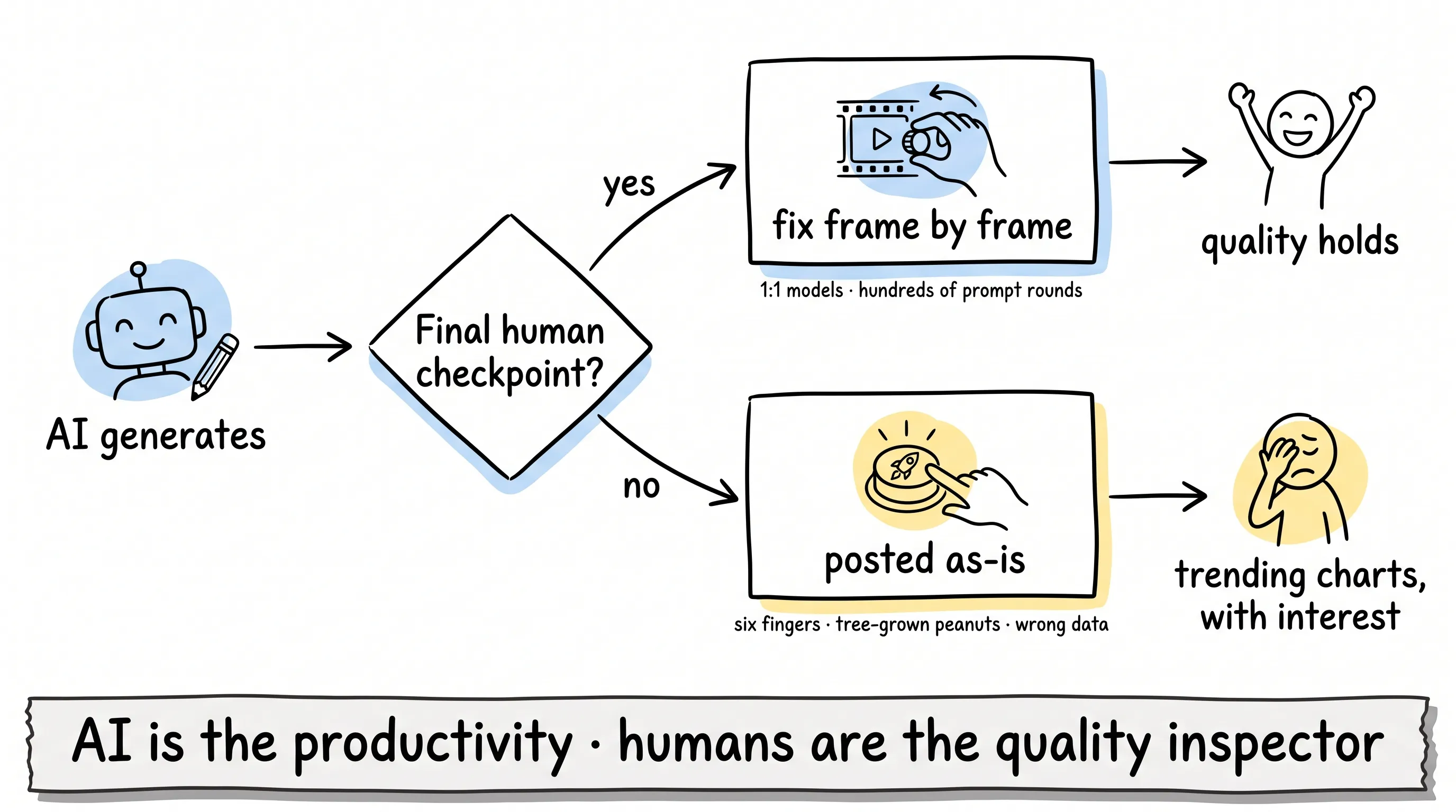 The final human checkpoint: AI generates, then one decision — fix frame by frame and quality holds, or post as-is and crash onto the trending charts