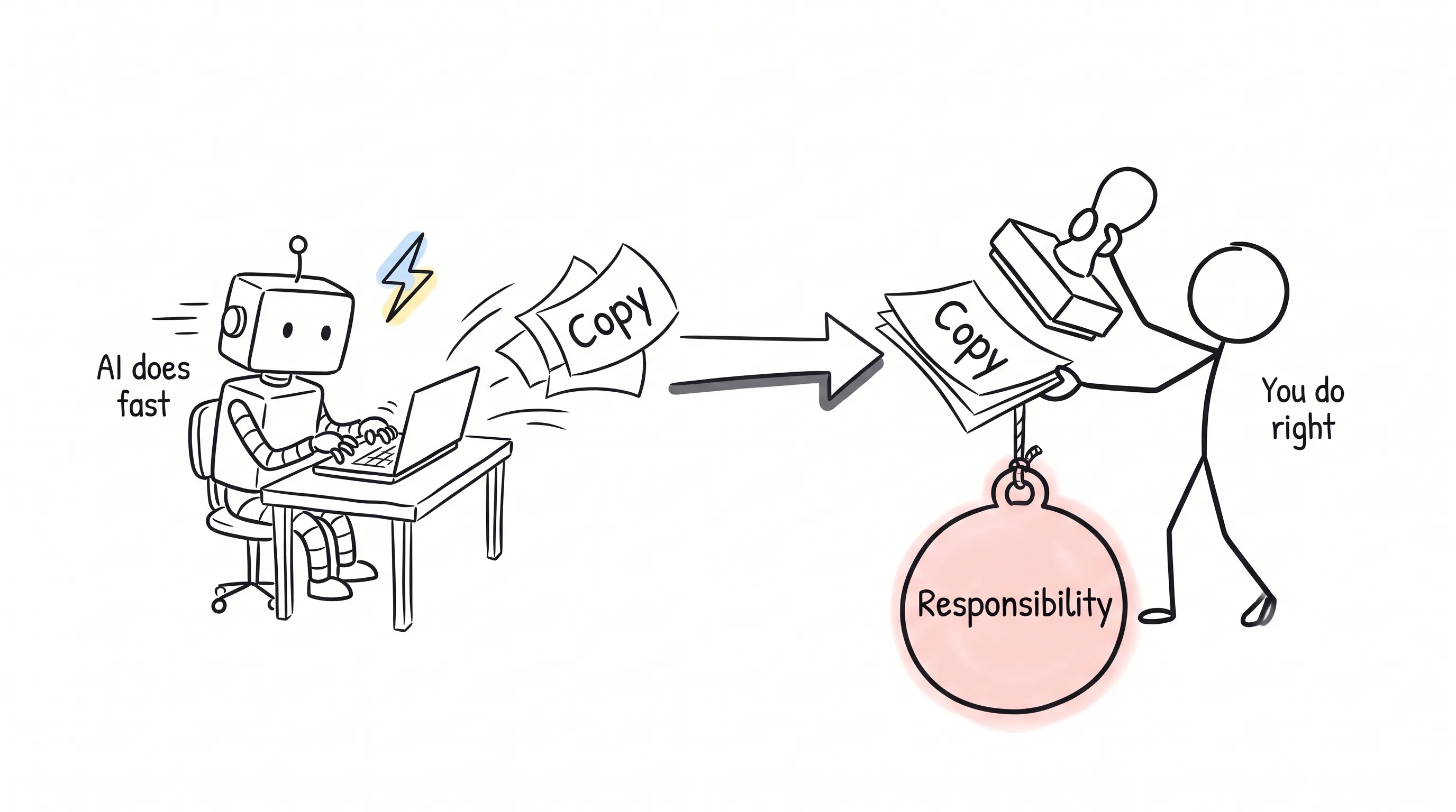 AI does fast, you do right: the copy comes out at speed, but the weight of responsibility hangs on the human side