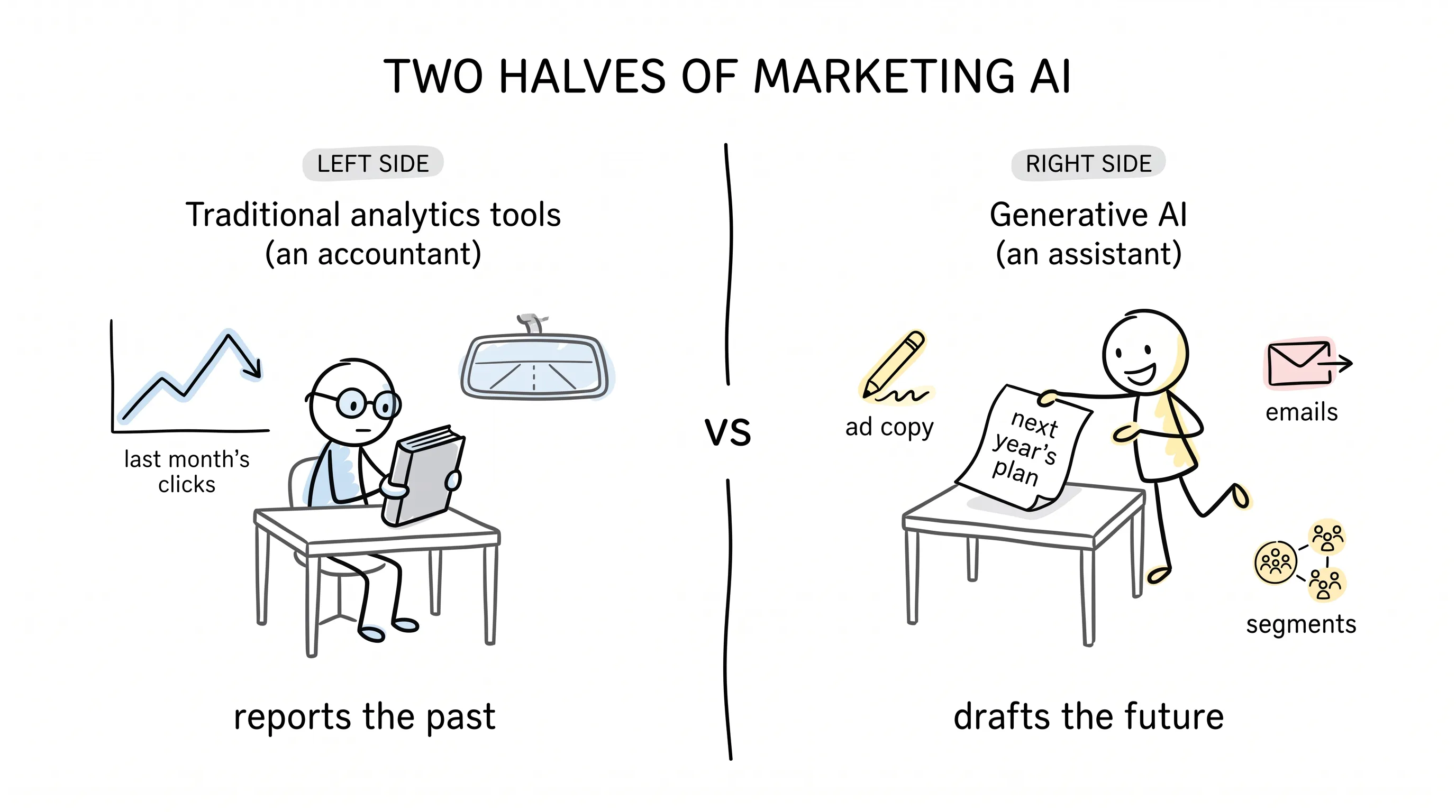 Traditional analytics tools report the past, while generative AI drafts the future — ad copy, emails, segments