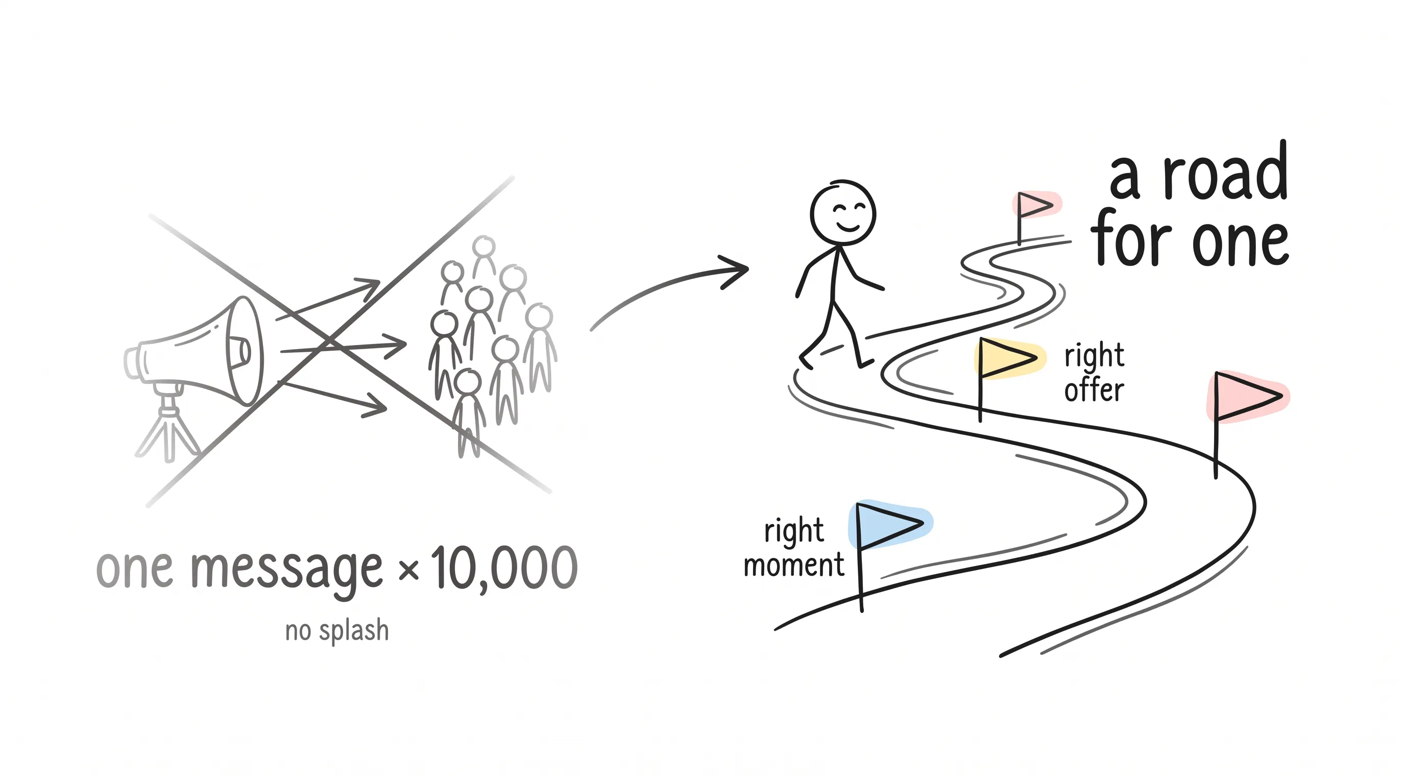 One message for 10,000 vs a road for one — a crossed-out megaphone blasting identical arrows at a crowd, beside a stick figure walking a winding journey path marked by pastel flags