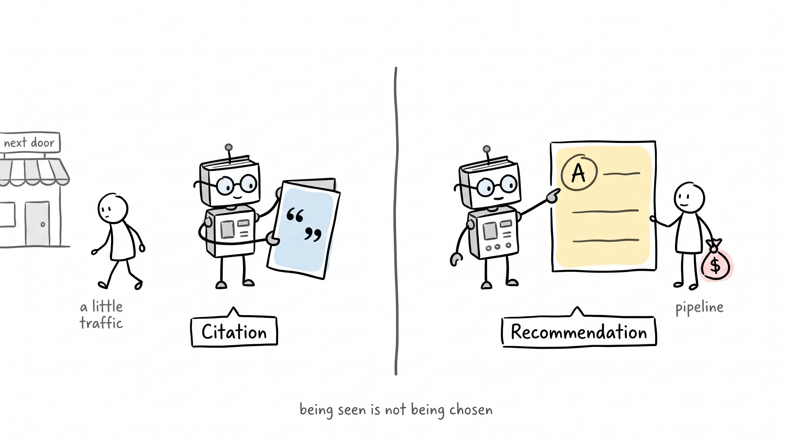 Hand-drawn comparison: on the left a bespectacled robot holds up a page of quoted text labeled Citation while a stick-figure customer walks away toward a shop marked next door with the note a little traffic, on the right the same robot points to a shortlist with the name A circled labeled Recommendation while a stick-figure buyer holds a money bag with the note pipeline, split by a wobbly vertical line above the caption being seen is not being chosen
