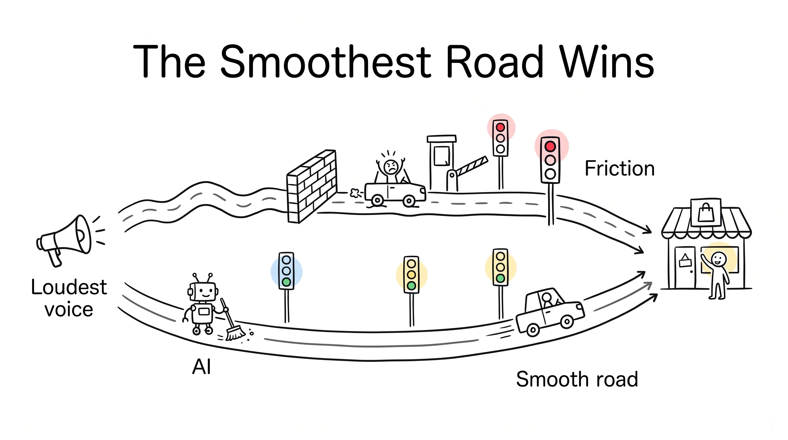 Closing doodle: the loudest voice's road blocked by friction, while an AI-swept smooth road runs through green lights to the same checkout