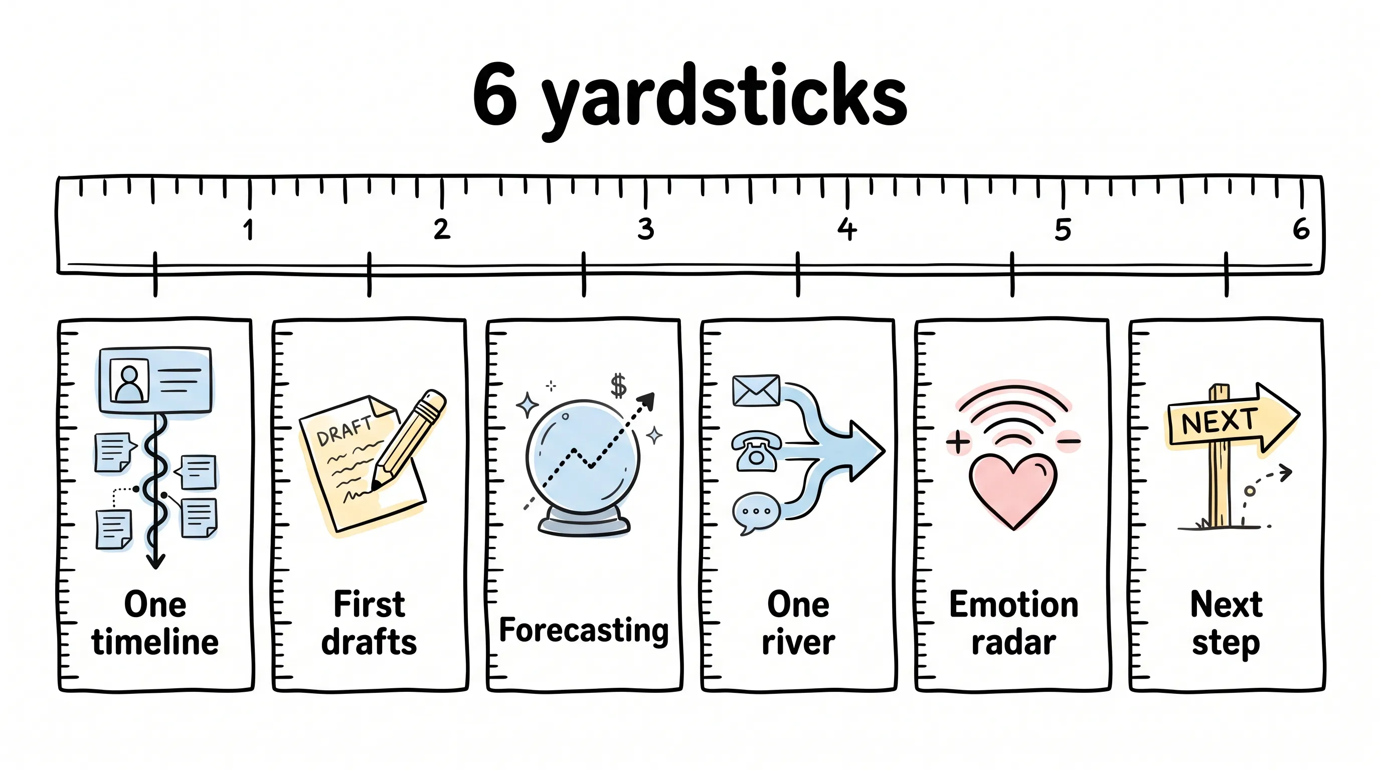 The six yardsticks for judging an AI CRM: one timeline, first drafts, forecasting, one river of channels, emotion radar, next step