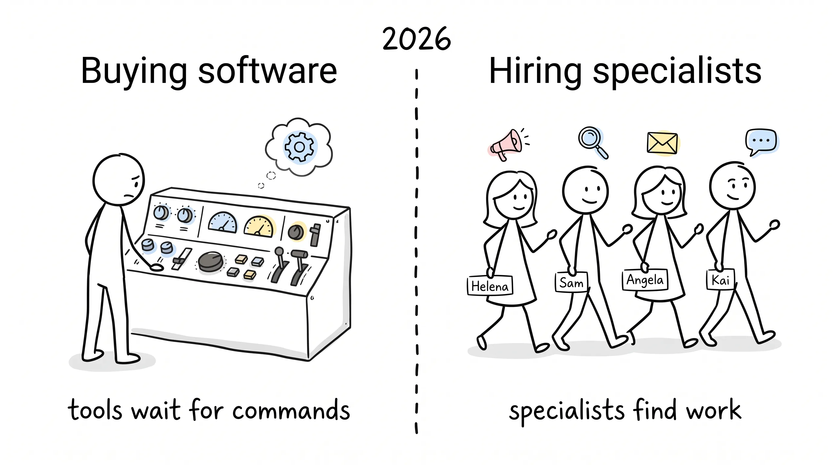 Comparison of buying software — one figure waiting at an idle control panel, tools wait for commands — versus hiring specialists — Helena, Sam, Angela and Kai walking forward, specialists find work, split by a dashed 2026 line