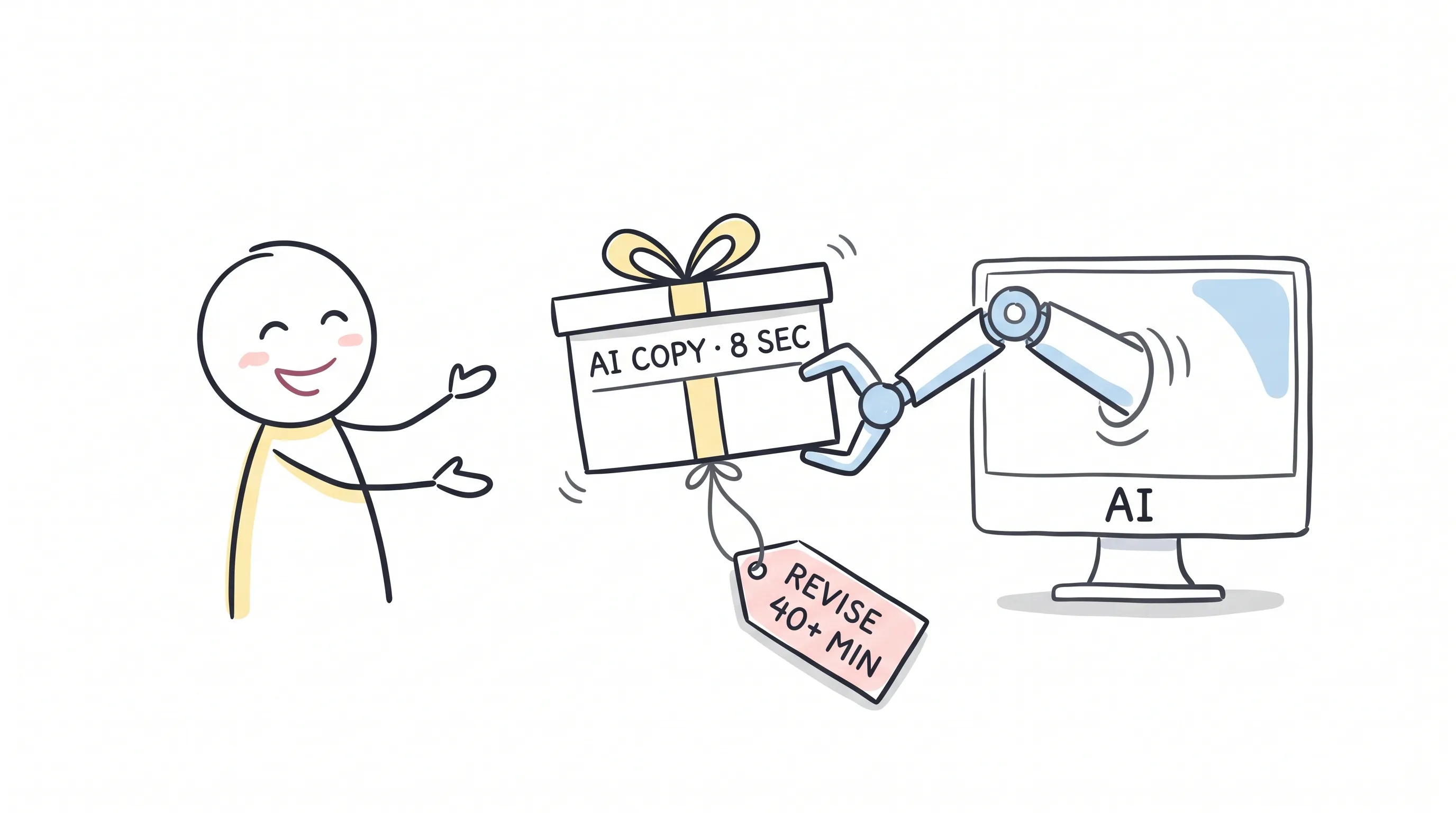 A stick-figure marketer happily receives an AI-written copy gift box delivered in 8 seconds, while a price tag reading "revise 40+ min" dangles from the bottom of the box