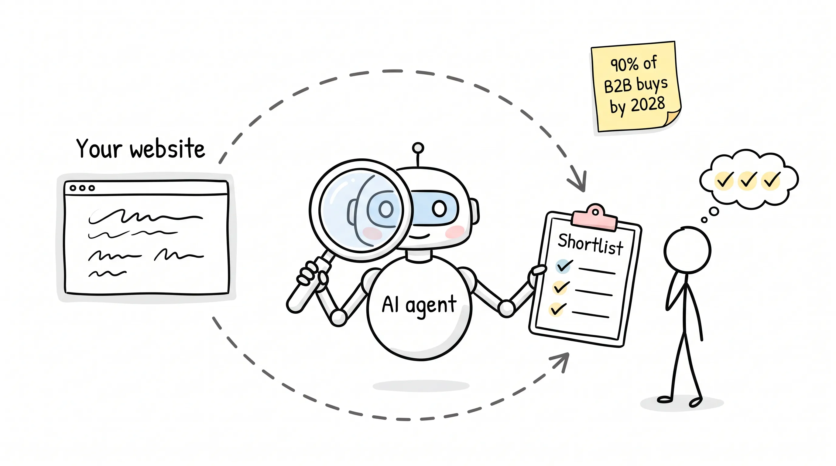 Hand-drawn cover doodle: an AI agent with a magnifying glass reads a website and hands a three-item shortlist to a human buyer
