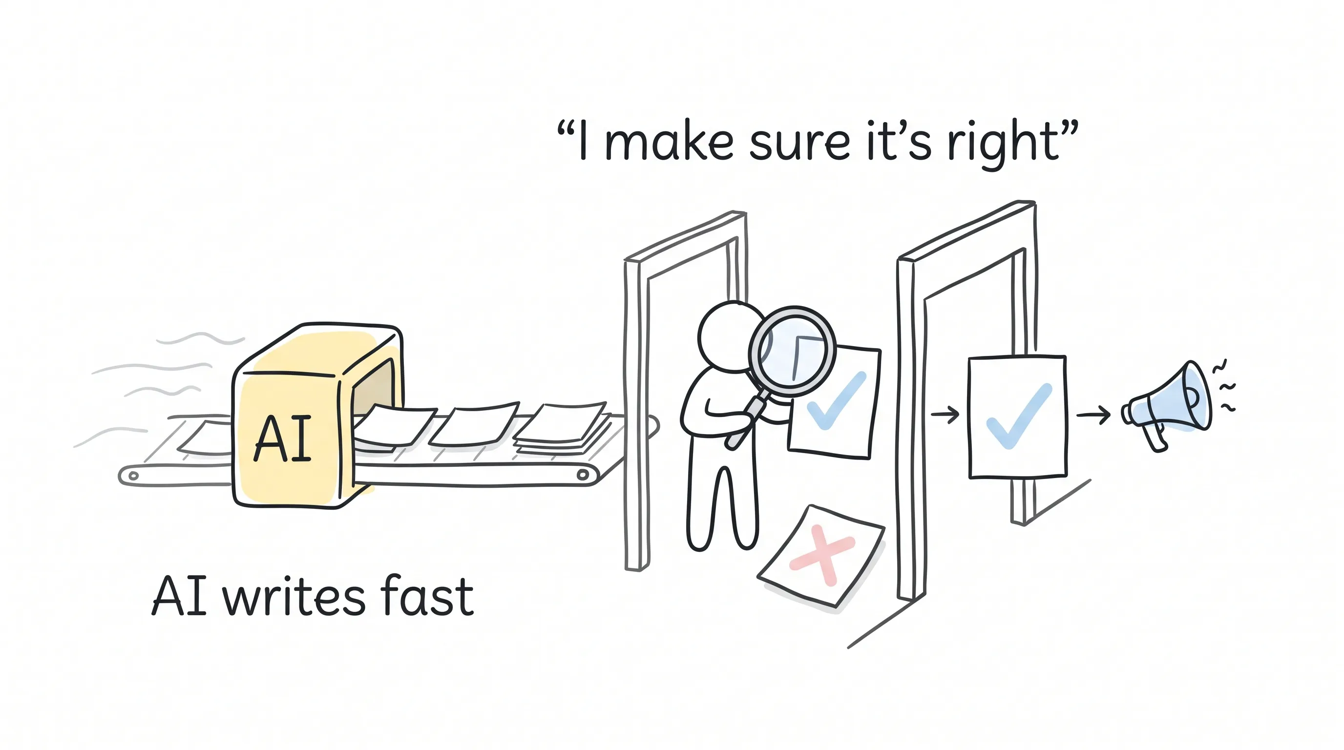 A stick figure guarding the gate with a magnifying glass, checking papers streaming from a fast AI machine before a checkmarked sheet passes through to publish
