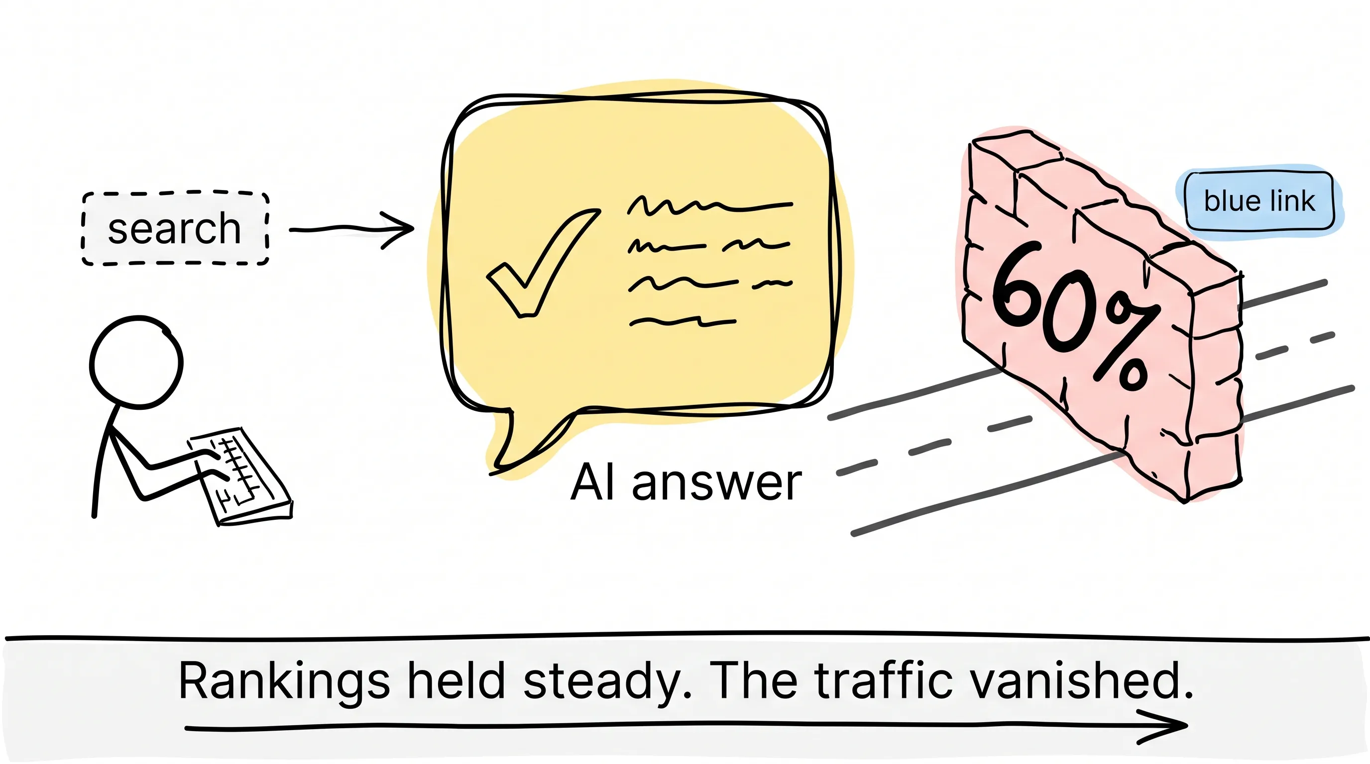 Rankings held steady but traffic vanished: a searcher's query is answered directly by an AI bubble, with a 60% wall blocking the road to the blue link