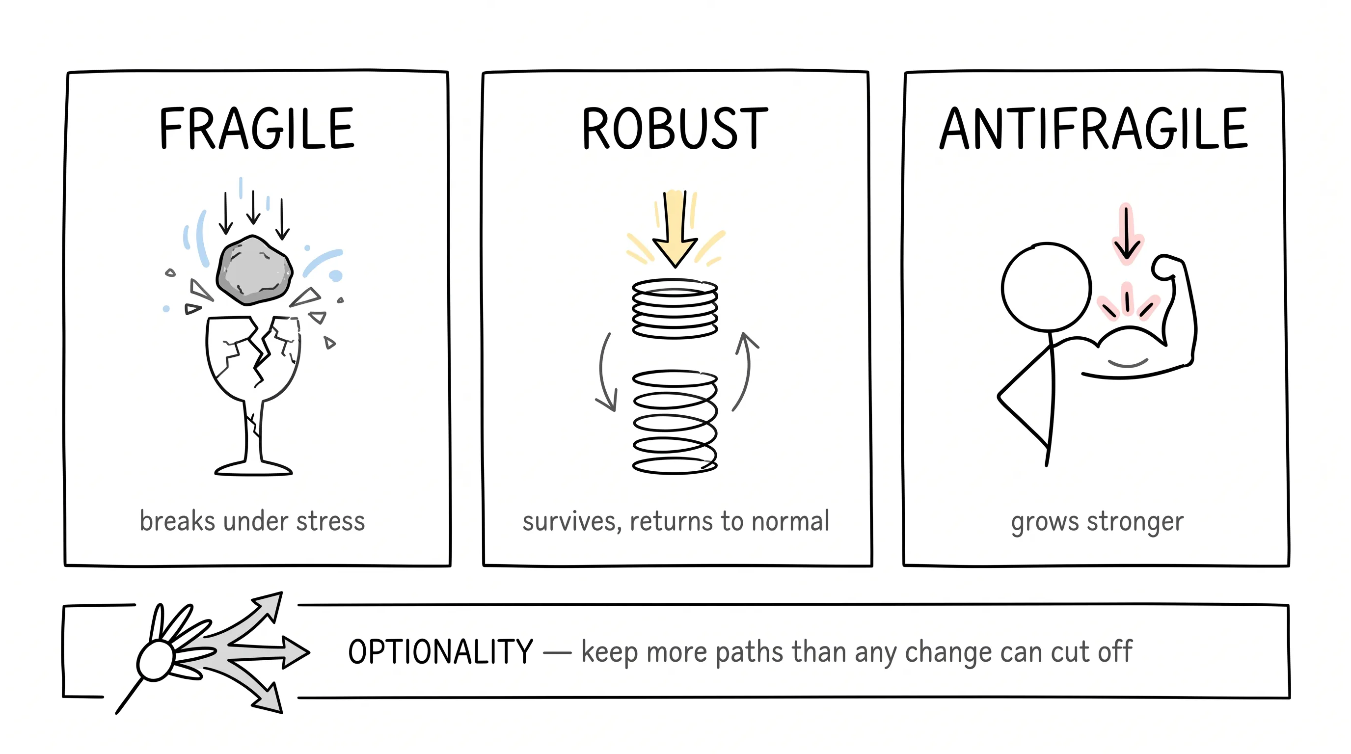 Fragile breaks under stress, robust returns to normal, antifragile grows stronger — the key is optionality