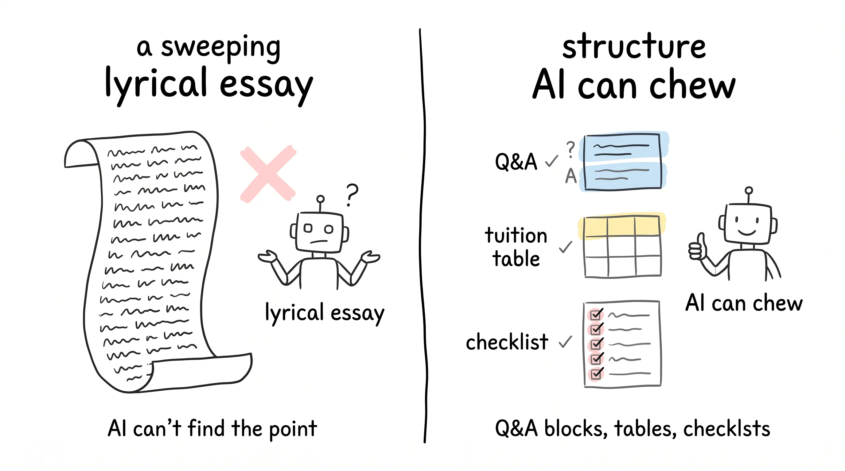 Comparison doodle: a long lyrical essay leaves AI shrugging, while Q&A blocks, tuition tables, and checklists give AI something it can chew