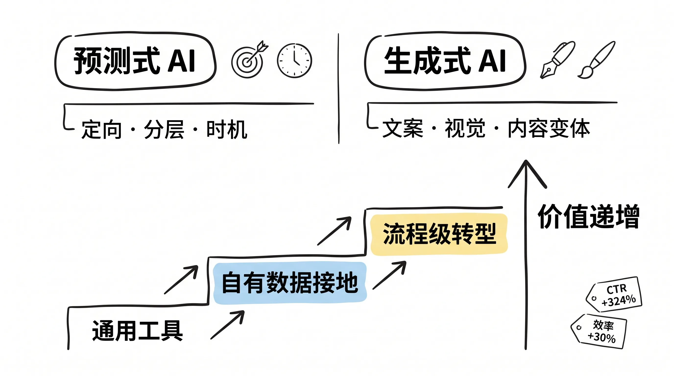 营销 AI 双轨框架:预测式与生成式三阶段