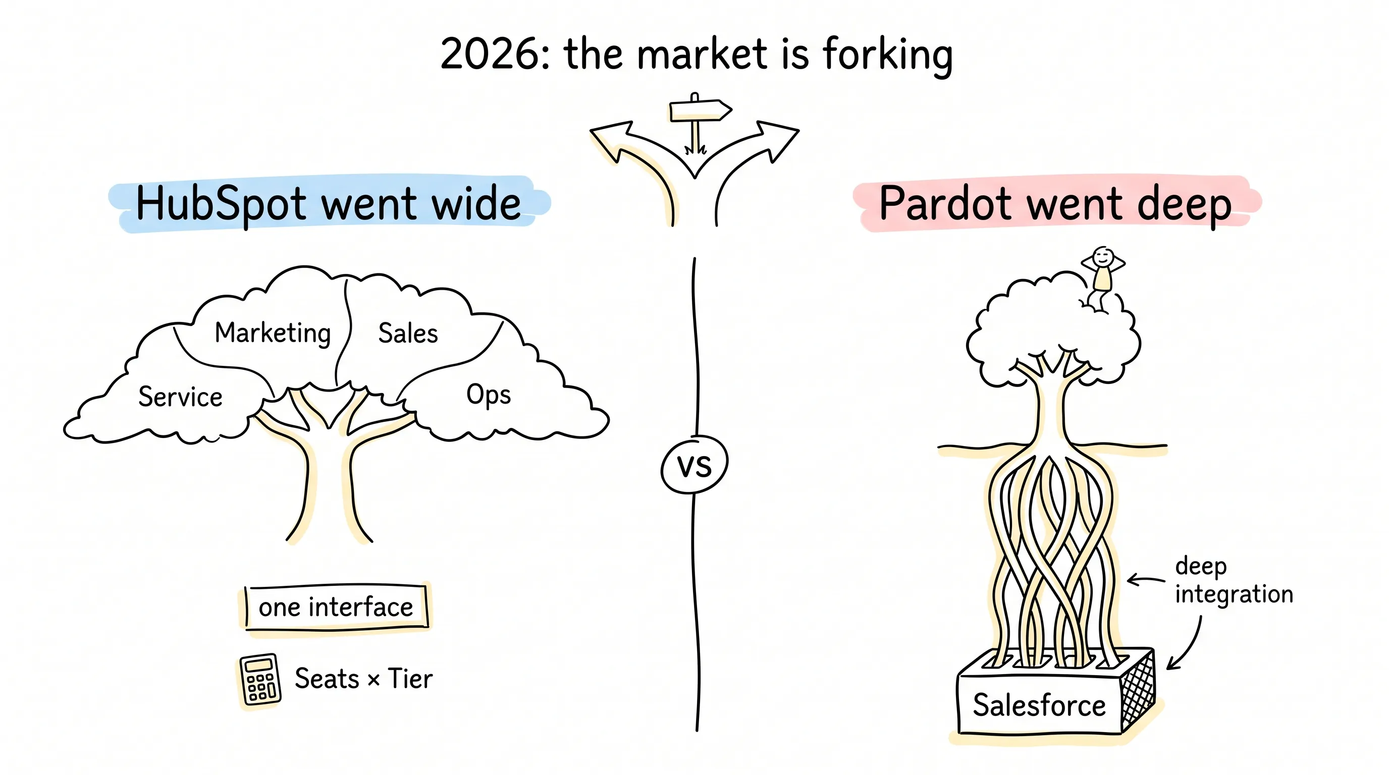The 2026 market is forking, not converging: HubSpot went wide across marketing, sales, service, and operations in one interface with seats-times-tier pricing, while Pardot went deep with roots anchored in the Salesforce ecosystem