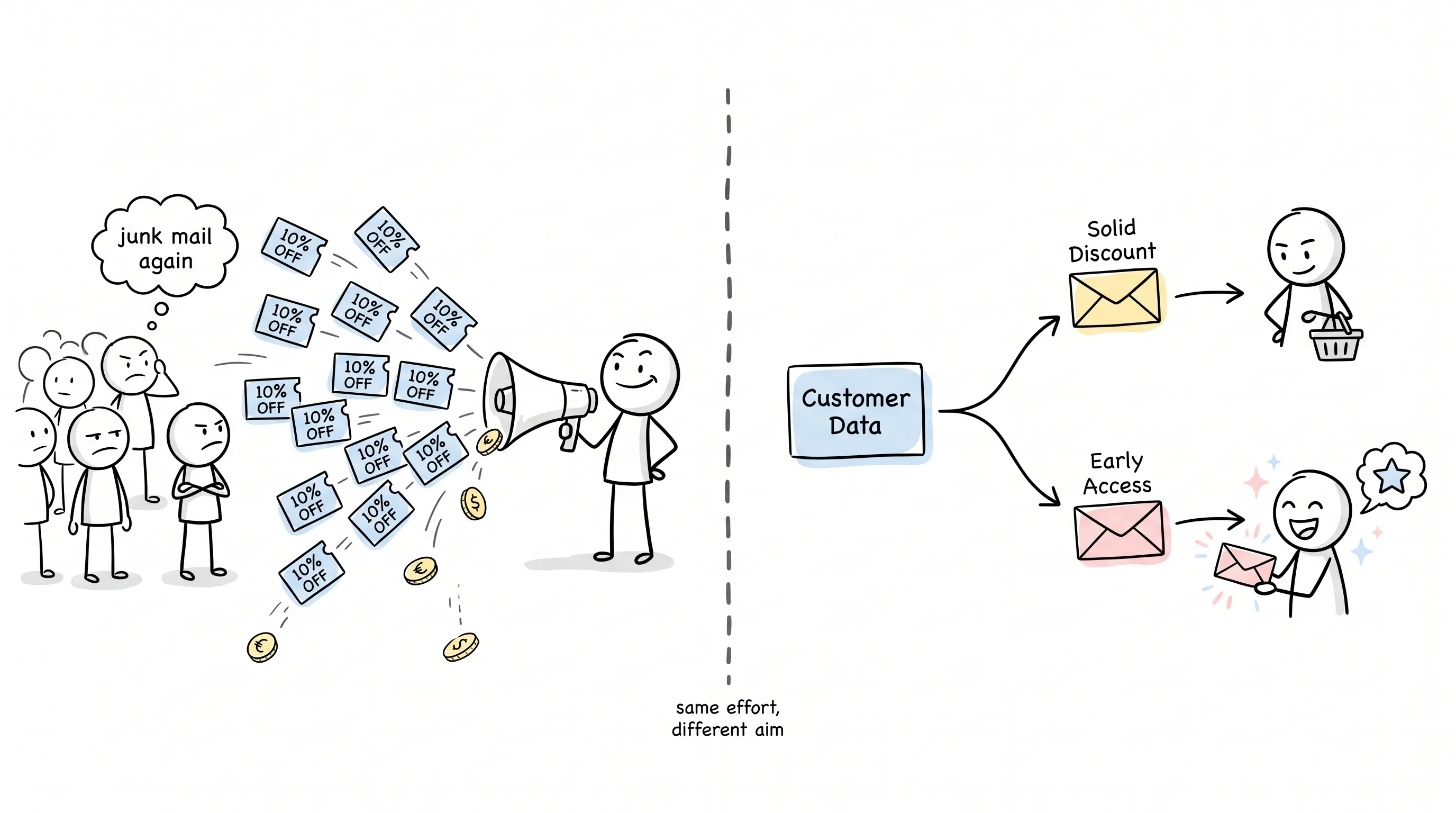 Mass blast: identical 10% off coupons to everyone, versus data-driven personalization with offers matched to each customer