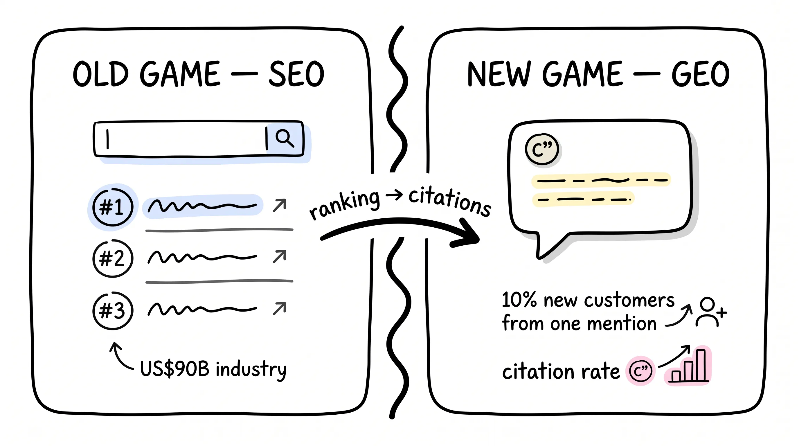 Comparison of the old SEO ranking game versus the new GEO citation game