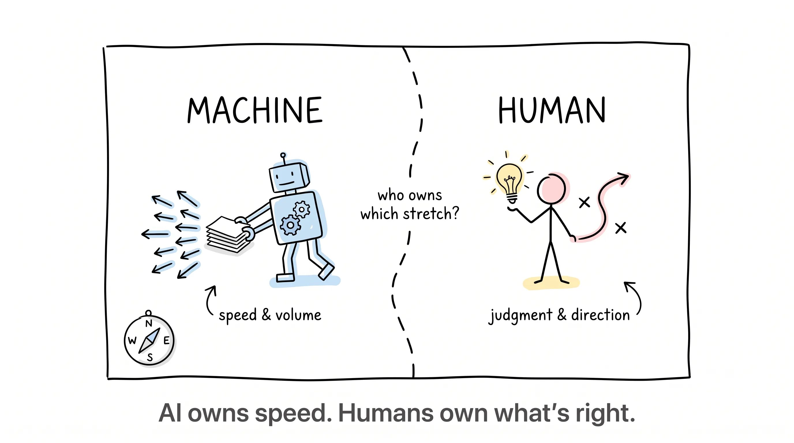 A hand-drawn boundary map: the machine territory owns speed and volume, the human territory owns judgment and direction - who owns which stretch?