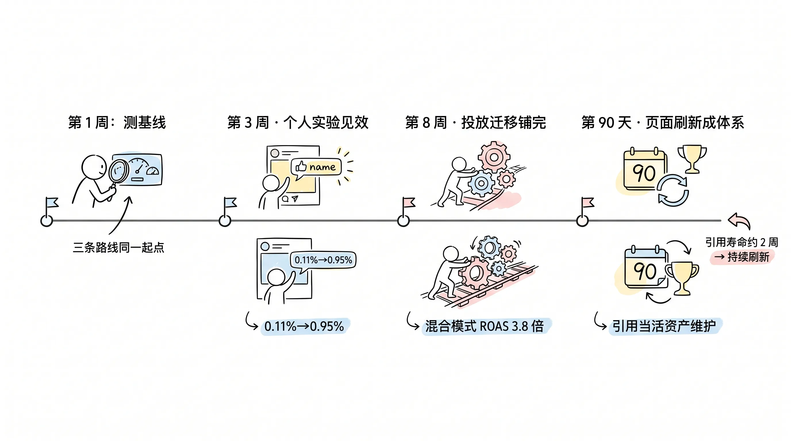 三种节奏一个起点:第 1 周测基线,3 周、8 周、90 天三条路线