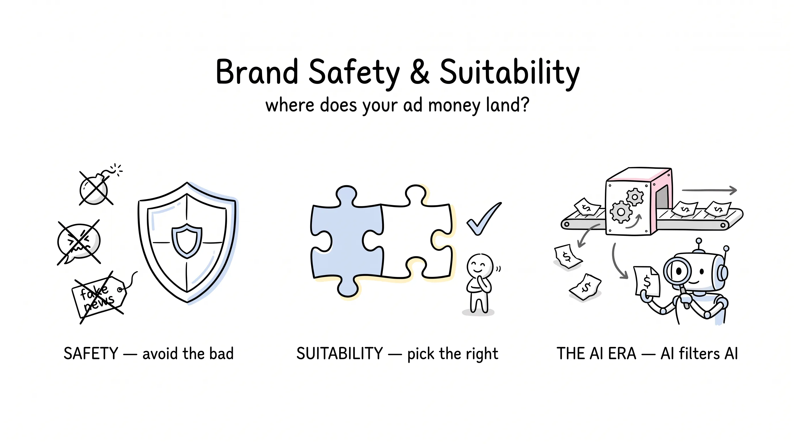 Brand Safety & Suitability in the AI era: a shield keeping out violent, hateful, and fake content (safety), two puzzle pieces clicking together (suitability), and a robot guard inspecting a slop-content machine spewing ad slots (AI filters AI)