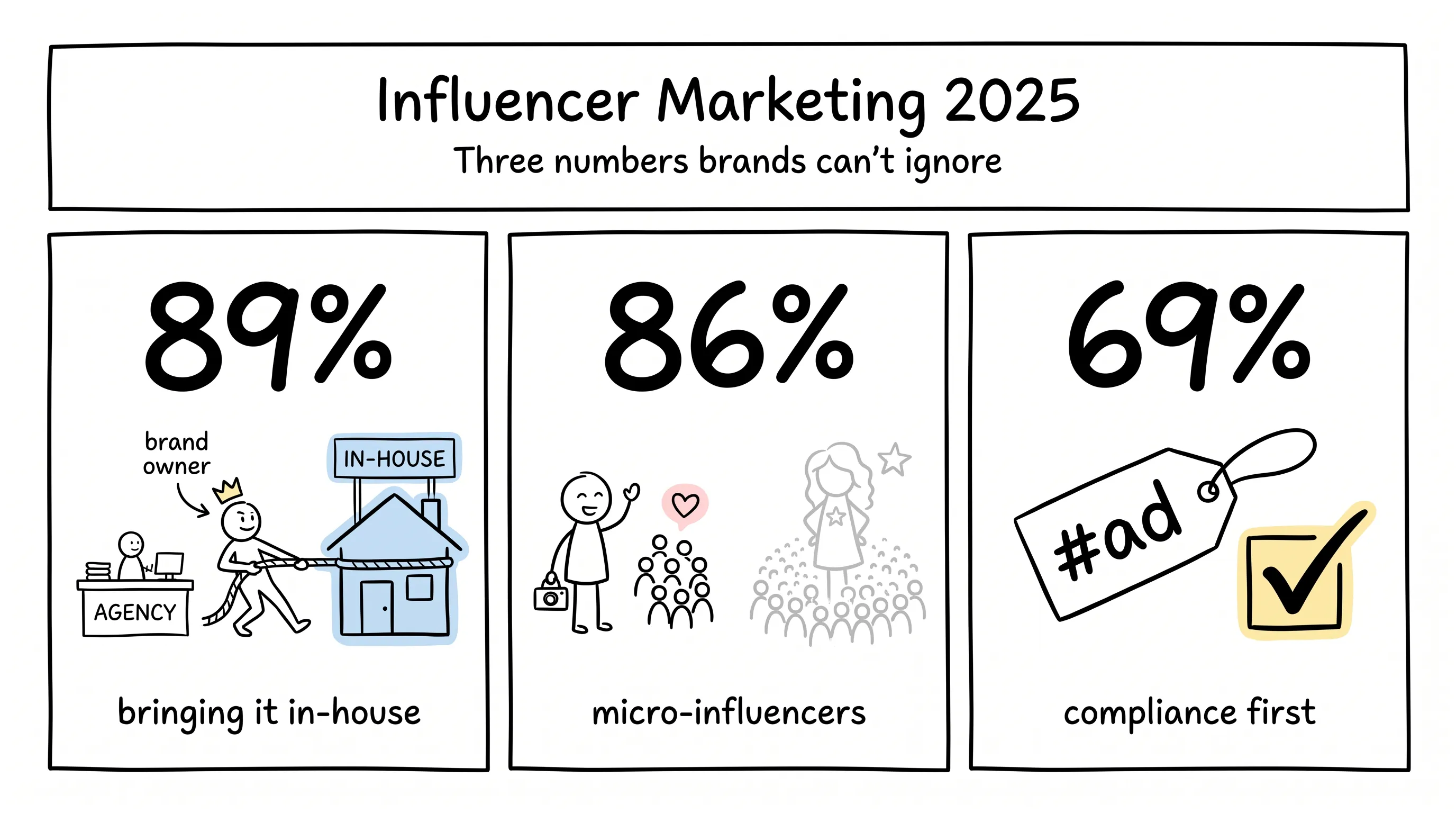 Influencer marketing 2025 in three numbers: 89% bringing it in-house, 86% working with micro-influencers, 69% putting #ad compliance first