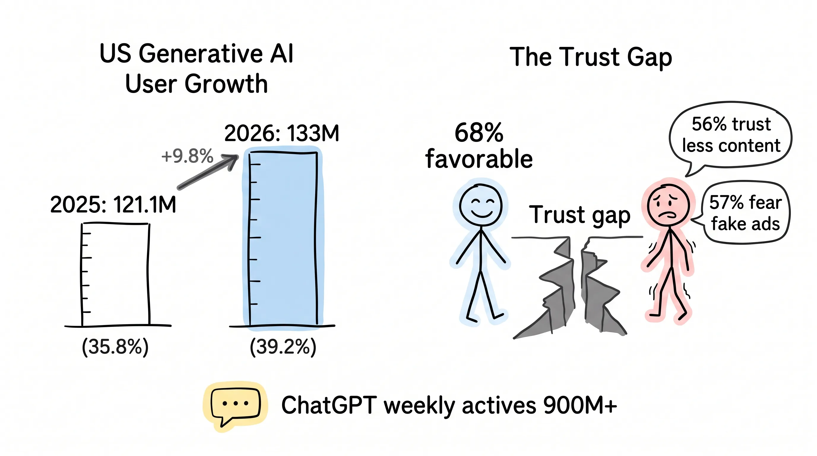 US generative AI user growth vs the trust gap hand-drawn infographic