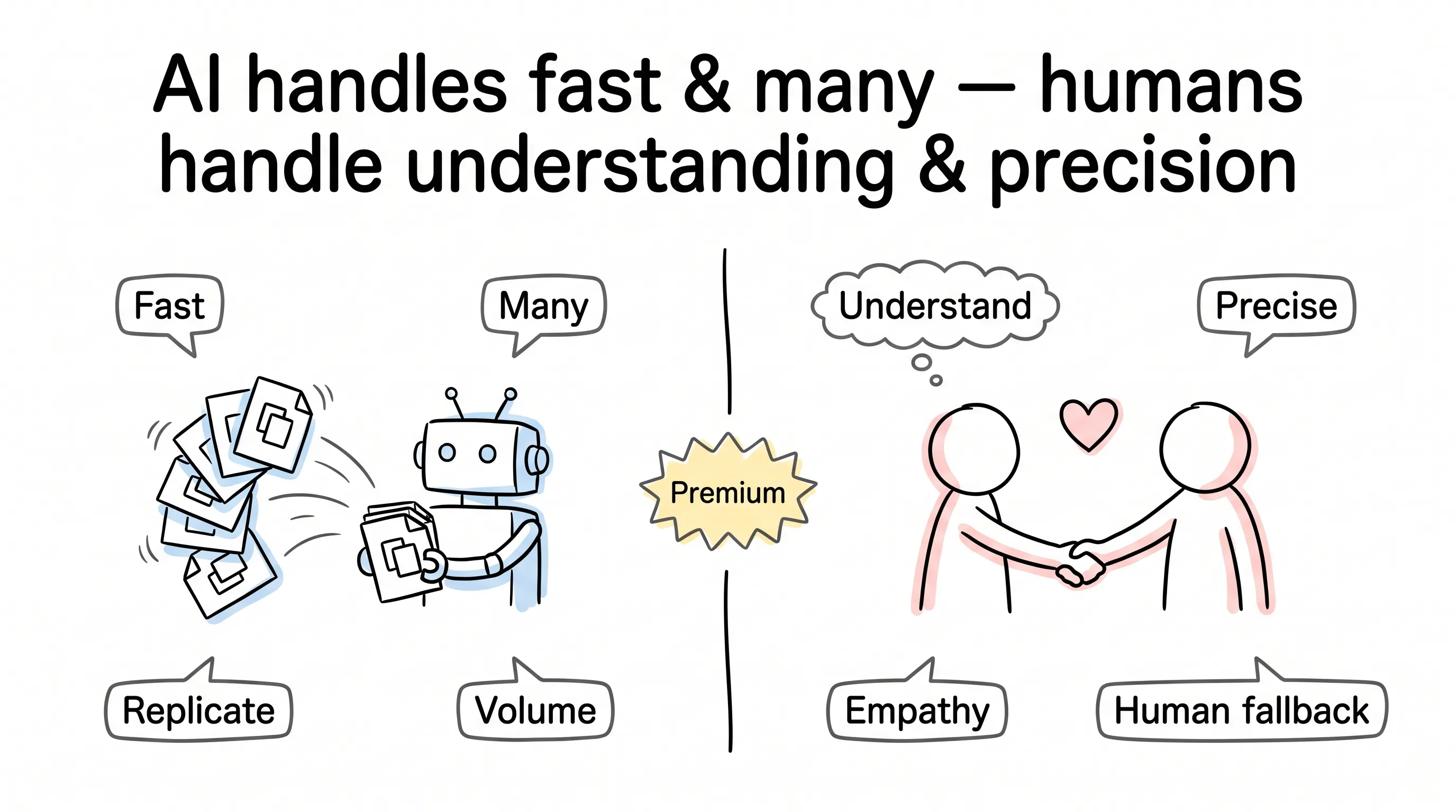 Hand-drawn split view: AI handles fast and many, humans handle understanding and precision, meeting at the premium