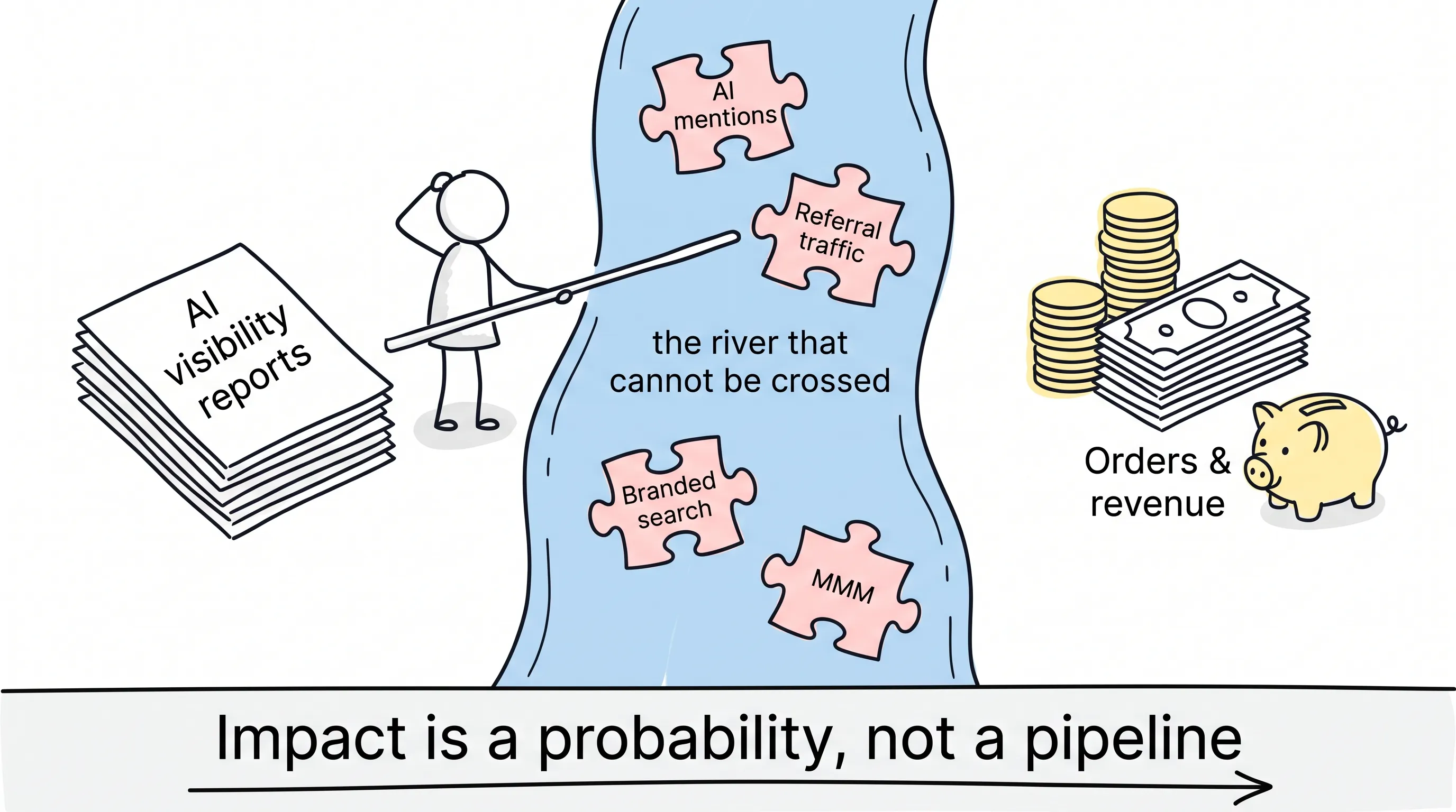 A river that cannot be crossed separates AI visibility reports from orders and revenue; puzzle pieces labeled AI mentions, referral traffic, branded search, and MMM float in between — impact is a probability, not a pipeline