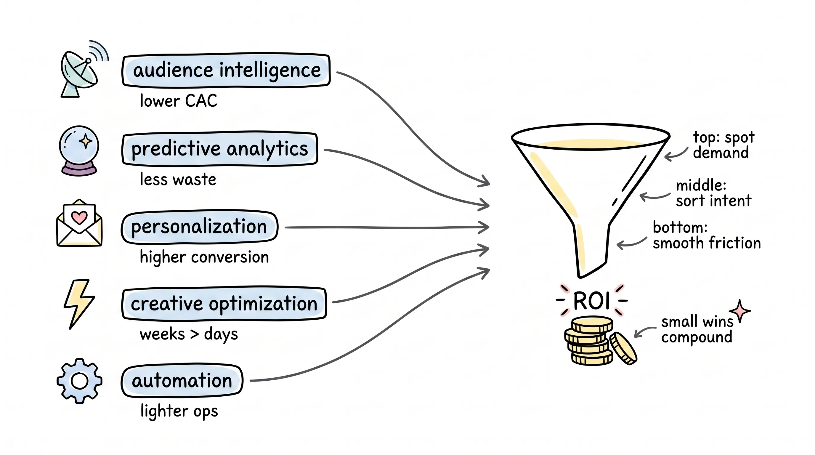 Doodle framework of five AI levers — audience intelligence, predictive analytics, personalization, creative optimization, automation — converging into one funnel that compounds small wins into ROI