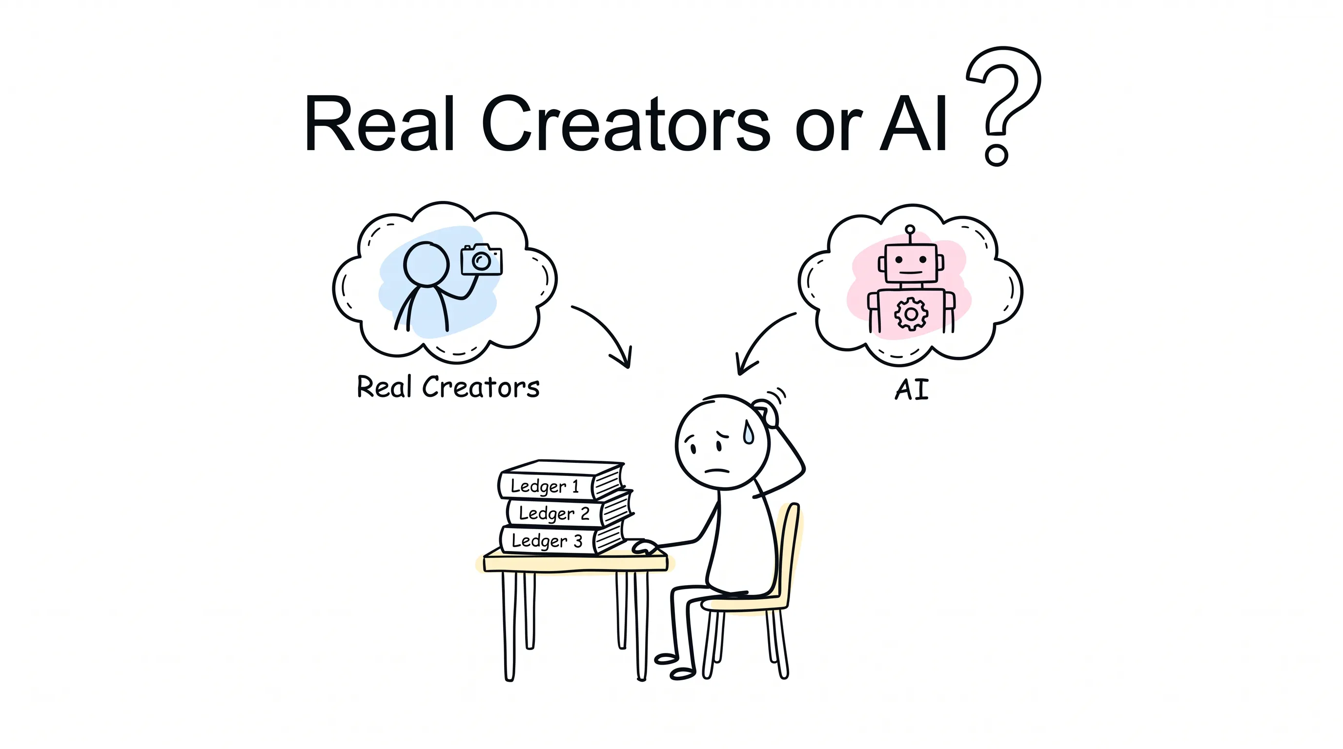 An exhausted stick figure at a table stacked with three hand-drawn ledgers, weighing two thought bubbles: a camera-holding creator labeled Real Creators and a boxy robot labeled AI, under the title Real Creators or AI?